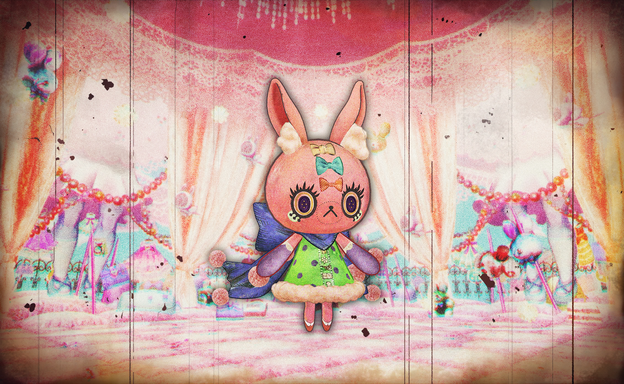 candy (madoka magica), magia record: mahou shoujo madoka magica gaiden, mahou shoujo madoka magica, mahou shoujo madoka magica magia exedra, artist request, game cg, highres, official art, abstract, abstract background, animal ear fluff, bow, creature, creature focus, curtains, dress, film grain, fur-trimmed dress, fur trim, green dress, no humans, polka dot, polka dot dress, purple bow, sleeveless, sleeveless dress, solo, stuffed animal, stuffed rabbit, stuffed toy, witch's labyrinth, witch (madoka magica)
