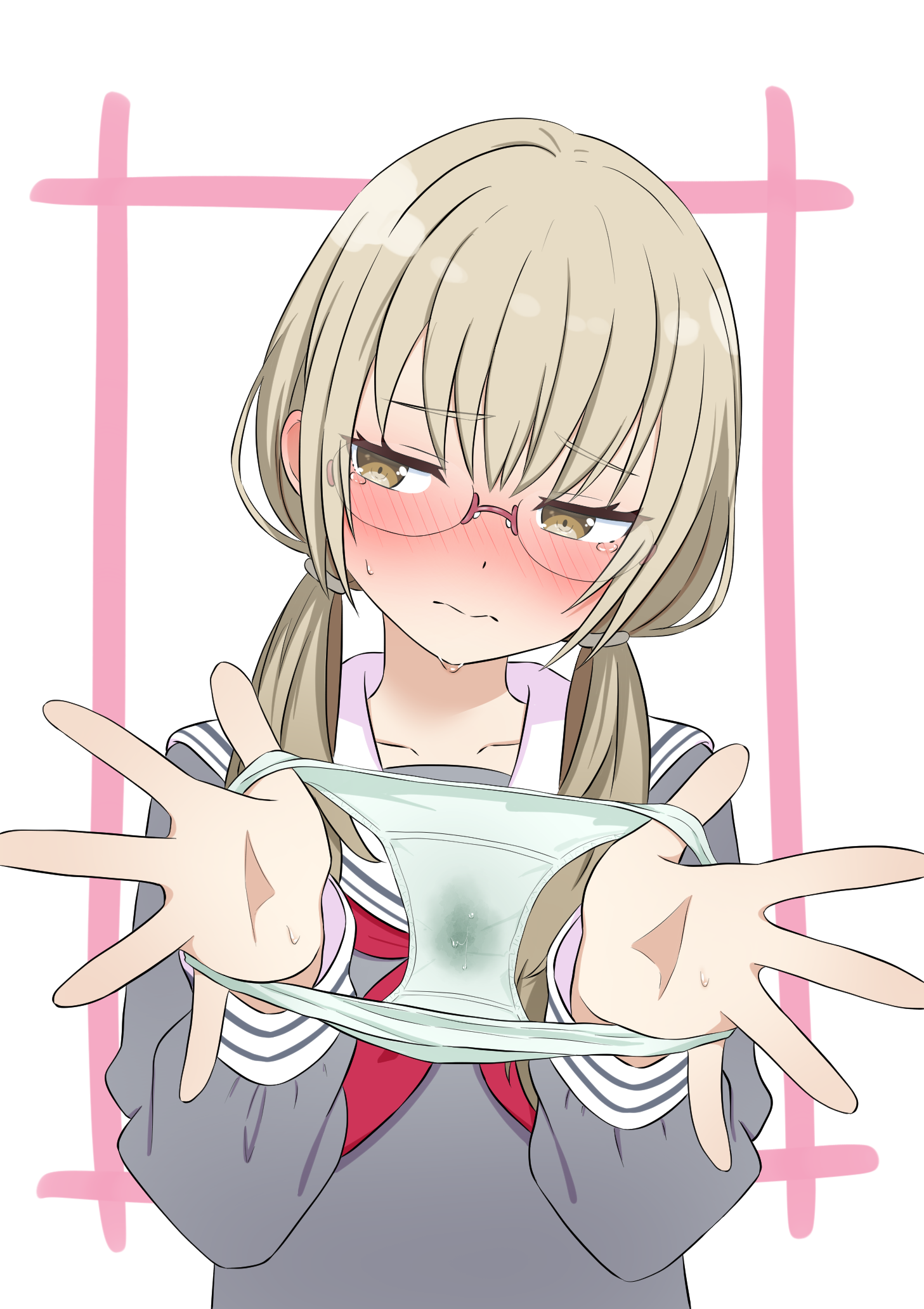 senedesumusu-saik0-20o8, azusawa kohane, project sekai, commentary request, highres, 1girl, blush, brown eyes, brown hair, choppy bangs, closed mouth, dot nose, embarrassed, glasses, grey panties, grey shirt, hair over shoulder, hands up, holding, holding panties, holding underwear, holding unworn clothes, long hair, long sleeves, low twintails, neckerchief, nose blush, nose pads, panties, presenting removed panties, pussy juice, raised inner eyebrows, red neckerchief, sailor collar, sailor shirt, school uniform, semi-rimless eyewear, shirt, solo, sweat, tearing up, twintails, underwear, upper body, wet, wet clothes, wet panties, white background, white sailor collar