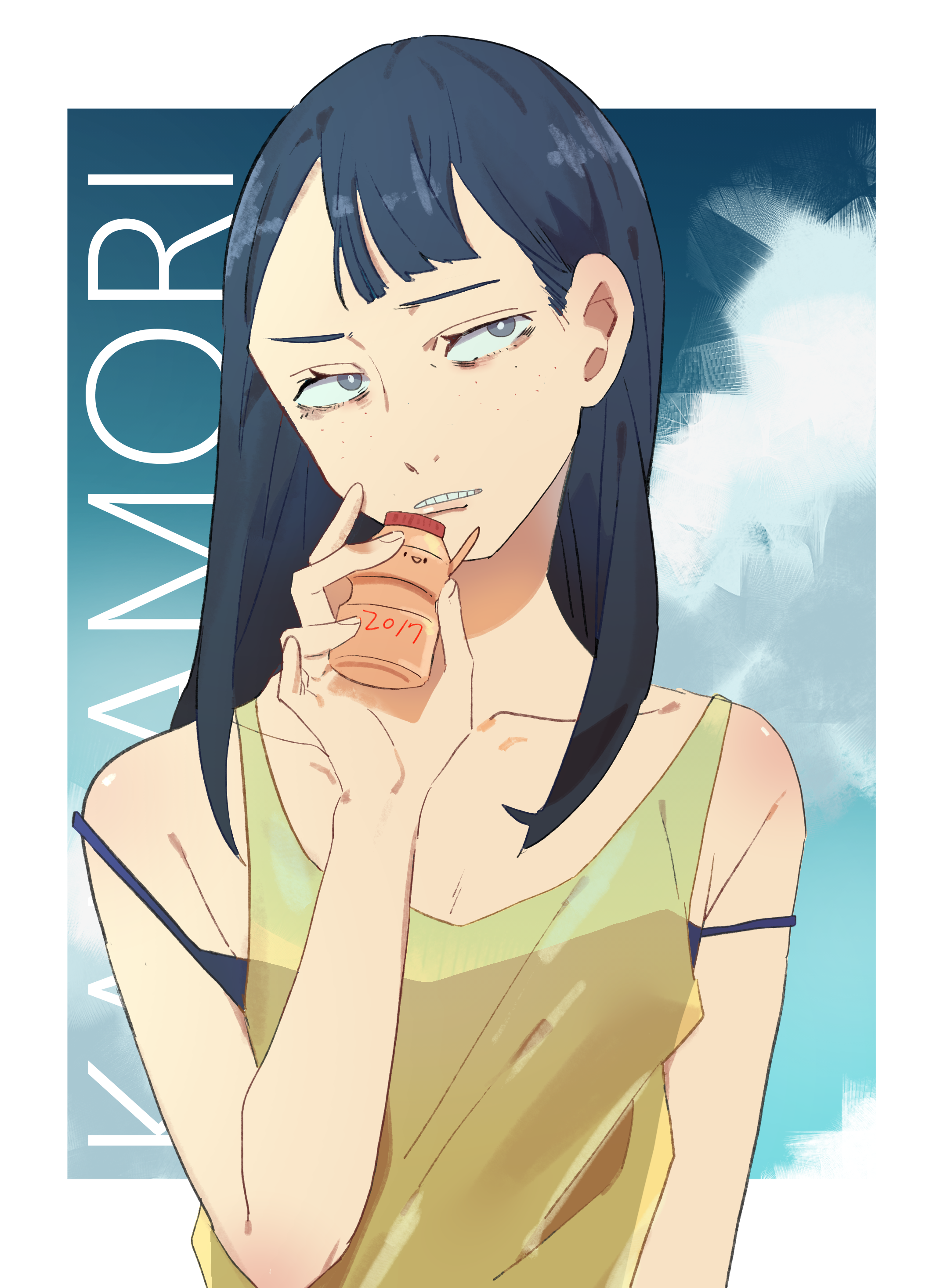 takao (88499191), kanamori sayaka, eizouken ni wa te wo dasu na!, yakult, absurdres, commentary, highres, 1girl, asymmetrical bangs, border, character name, cloud, freckles, long hair, solo, teeth, white border