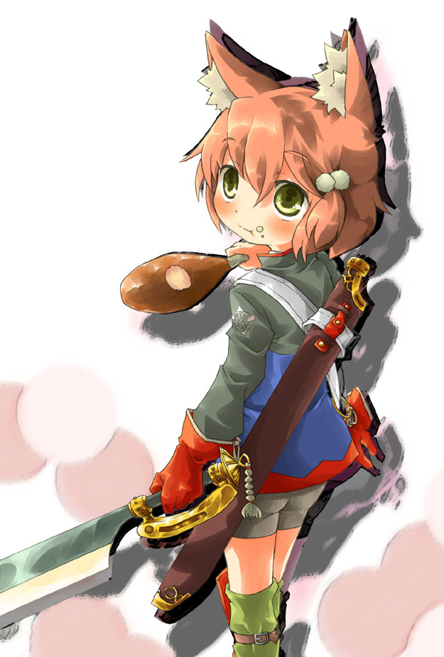 ara ta, harada (sansei rain), fighter (7th dragon), harukara (7th dragon), 7th dragon, 7th dragon (series), bad id, bad pixiv id, 1girl, animal ears, boned meat, female focus, food, green eyes, meat, red hair, solo, sword, weapon