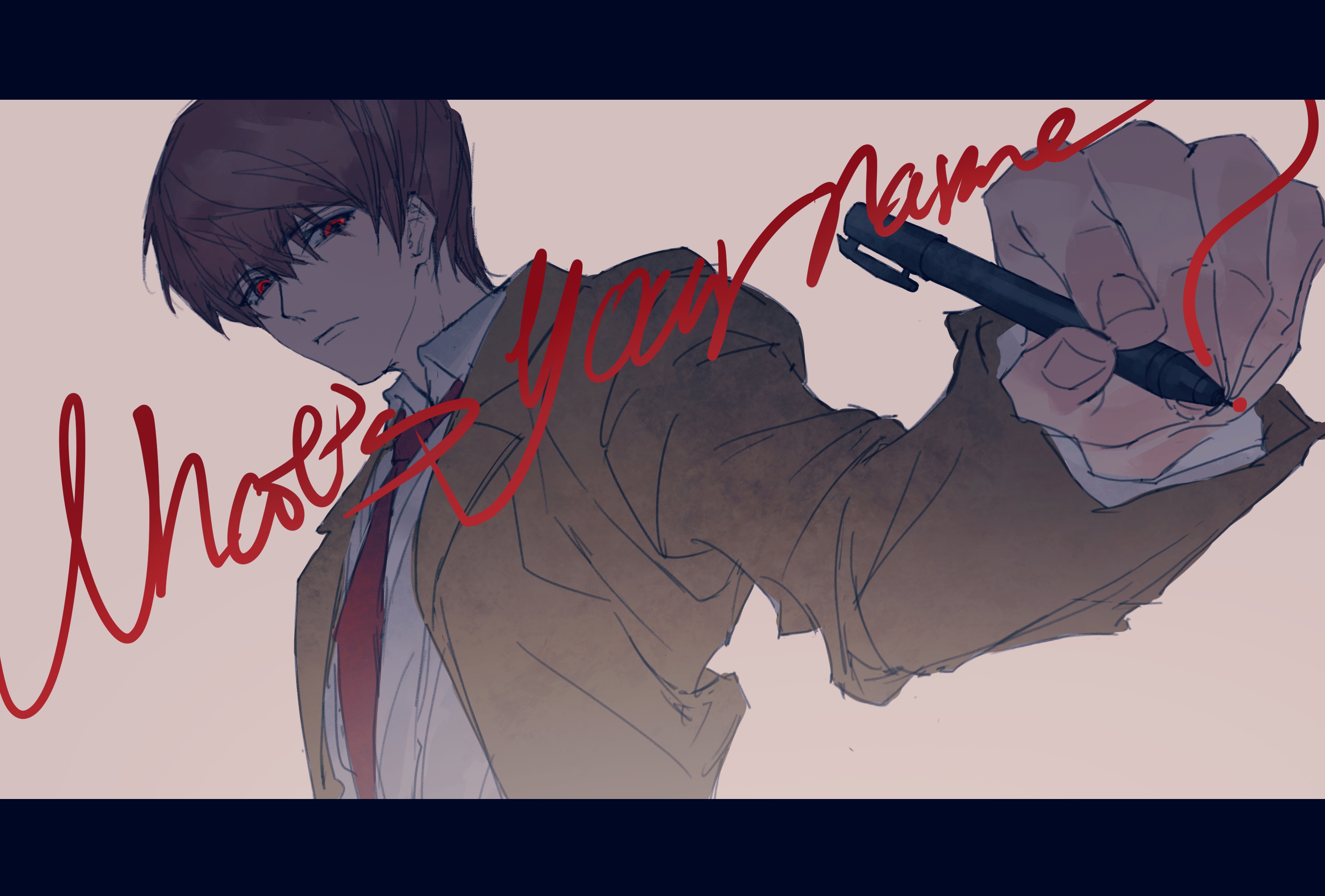 yagami light, death note, absurdres, highres, 1boy, black border, border, brown hair, brown jacket, closed mouth, collared shirt, english text, grey background, hair between eyes, holding, holding pen, jacket, male focus, necktie, omegaantiworld, pen, red eyes, red necktie, shirt, short hair, suit jacket, upper body, white shirt, writing