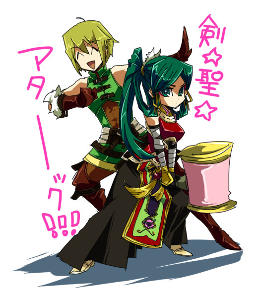 gi (46rain), hazuki (suikoden), richard (suikoden), gensou suikoden, gensou suikoden v, bad id, bad pixiv id, translation request, 1boy, 1girl, chibi, closed eyes, dougi, green eyes, green hair, hammer, long hair, mallet, ponytail