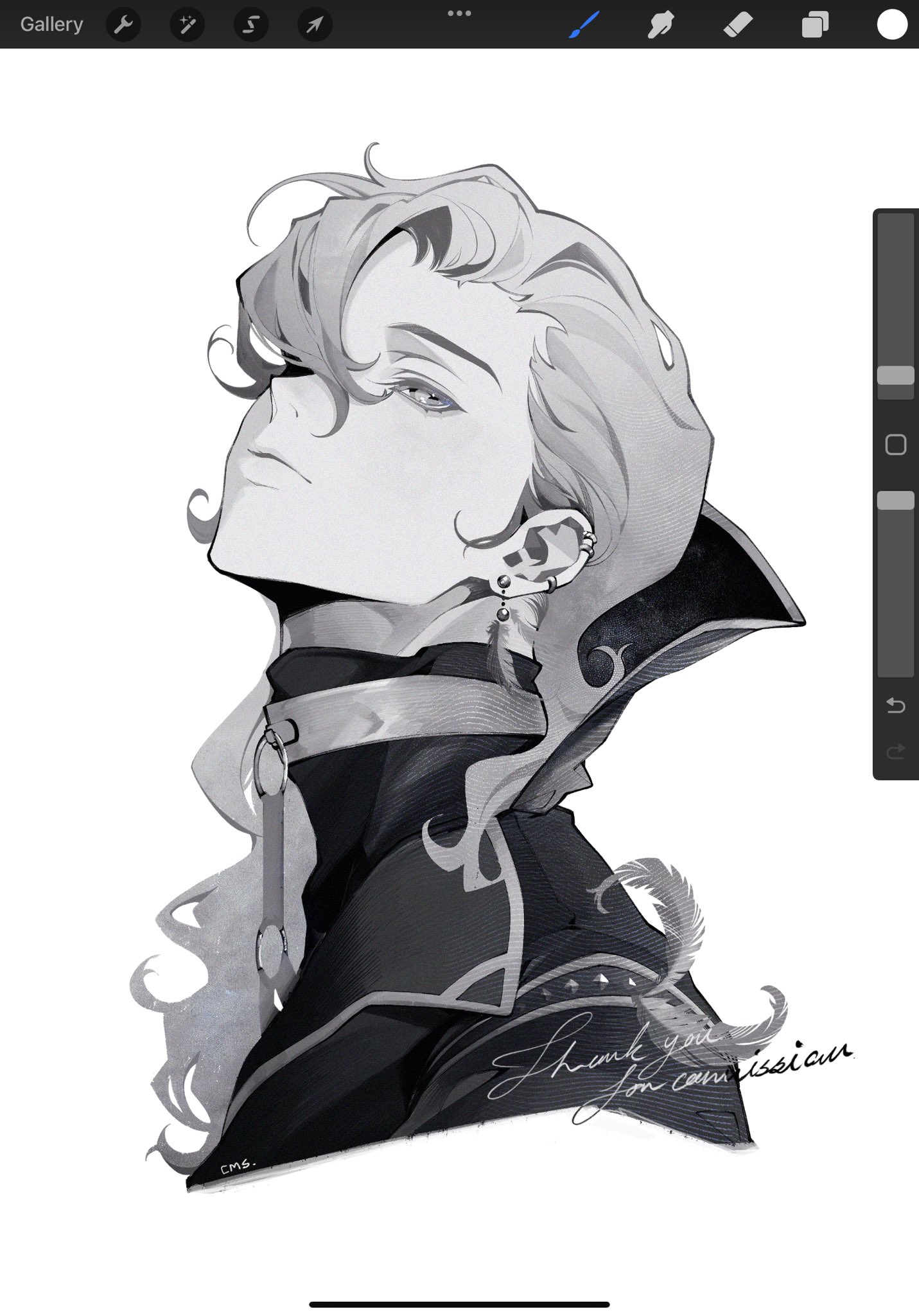 siiar (lvlcmxcix), original, commentary, commission, highres, 1boy, art program in frame, closed mouth, coat, cropped shoulders, ear piercing, earrings, feather earrings, feathers, from side, greyscale, jewelry, long hair, looking up, male focus, monochrome, piercing, simple background, solo, white background