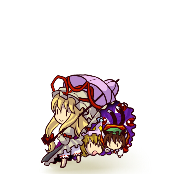 socha, chen, yakumo ran, yakumo yukari, touhou, 3girls, :>, animal ears, animal hat, blonde hair, bloomers, bow, brown hair, cat ears, cat girl, cat tail, chibi, female focus, gap (touhou), hair bow, hat, juliet sleeves, long hair, long sleeves, looking back, mob cap, multiple girls, multiple tails, open mouth, parasol, puffy sleeves, short hair, simple background, smile, tail, umbrella, underwear, white background
