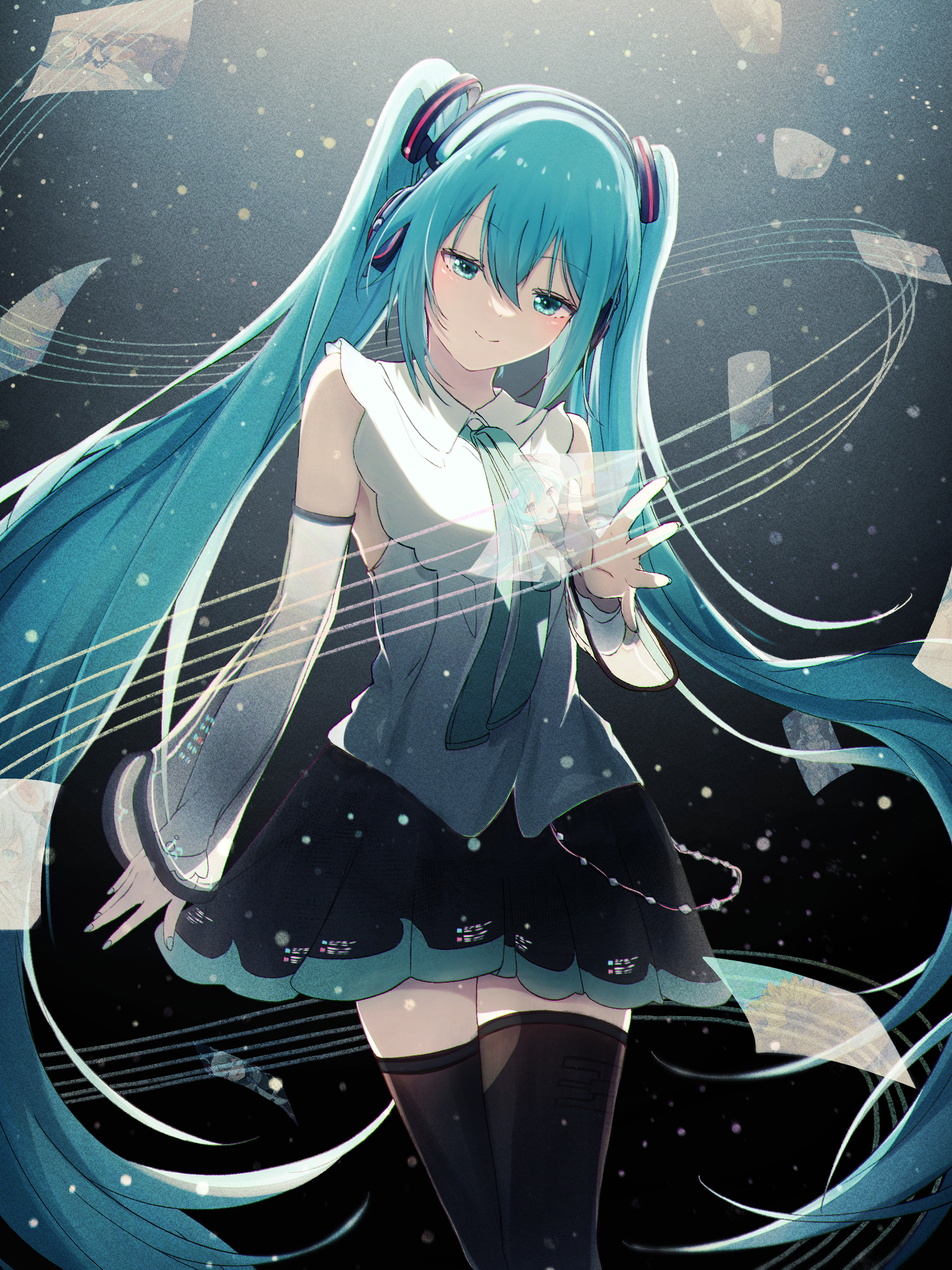 ama no tou, hatsune miku, hatsune miku (nt), piapro studio, vocaloid, absurdres, commentary, highres, 1girl, aqua eyes, aqua hair, aqua nails, aqua necktie, aqua trim, artist self-reference, black skirt, blush, closed mouth, collared shirt, detached sleeves, hair between eyes, hair ornament, headset, long hair, long sleeves, necktie, official alternate costume, pleated skirt, shirt, skirt, sleeveless, sleeveless shirt, smile, solo, thighhighs, very long hair, white shirt, zettai ryouiki