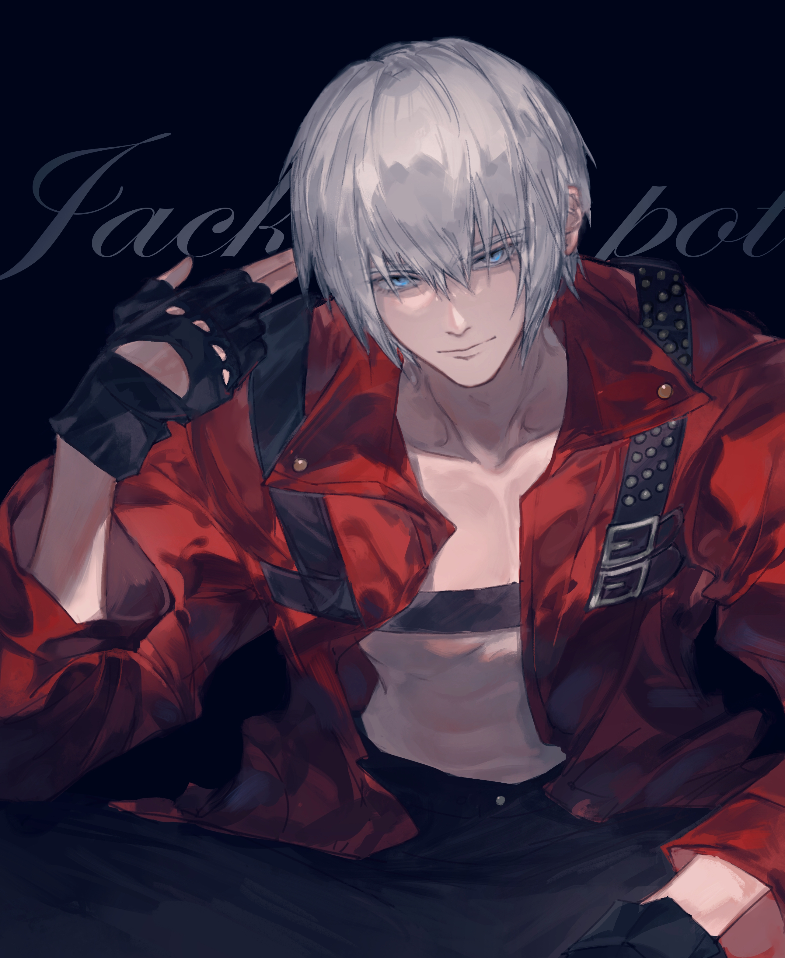 dante (devil may cry), devil may cry, devil may cry (series), devil may cry 3, absurdres, highres, 1boy, black background, black gloves, black pants, blue eyes, chest strap, closed mouth, coat, fingerless gloves, fingers to head, gloves, grey hair, hair between eyes, looking at viewer, male focus, midriff, omegaantiworld, pants, red coat, short hair, sitting, solo, upper body