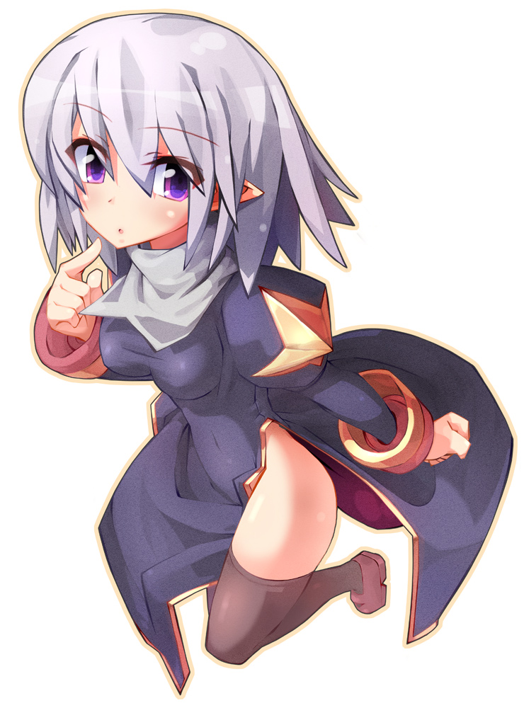 ooyama kina, priest (ragnarok online), ragnarok online, bad id, bad pixiv id, 1girl, elf, female focus, grey hair, pointy ears, priest, priestess, purple eyes, short hair, solo, thighhighs
