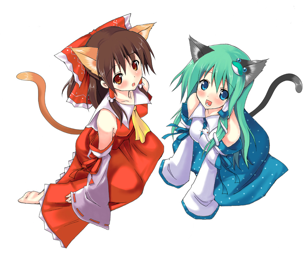 piromizu, hakurei reimu, kochiya sanae, touhou, 2girls, animal ears, aqua hair, artistic error, barefoot, blue eyes, blush, brown eyes, brown hair, cat ears, cat girl, cat tail, detached sleeves, female focus, from above, green hair, japanese clothes, kemonomimi mode, looking up, miko, multiple girls, open mouth, orange eyes, simple background, sitting, smile, tail, wrong foot