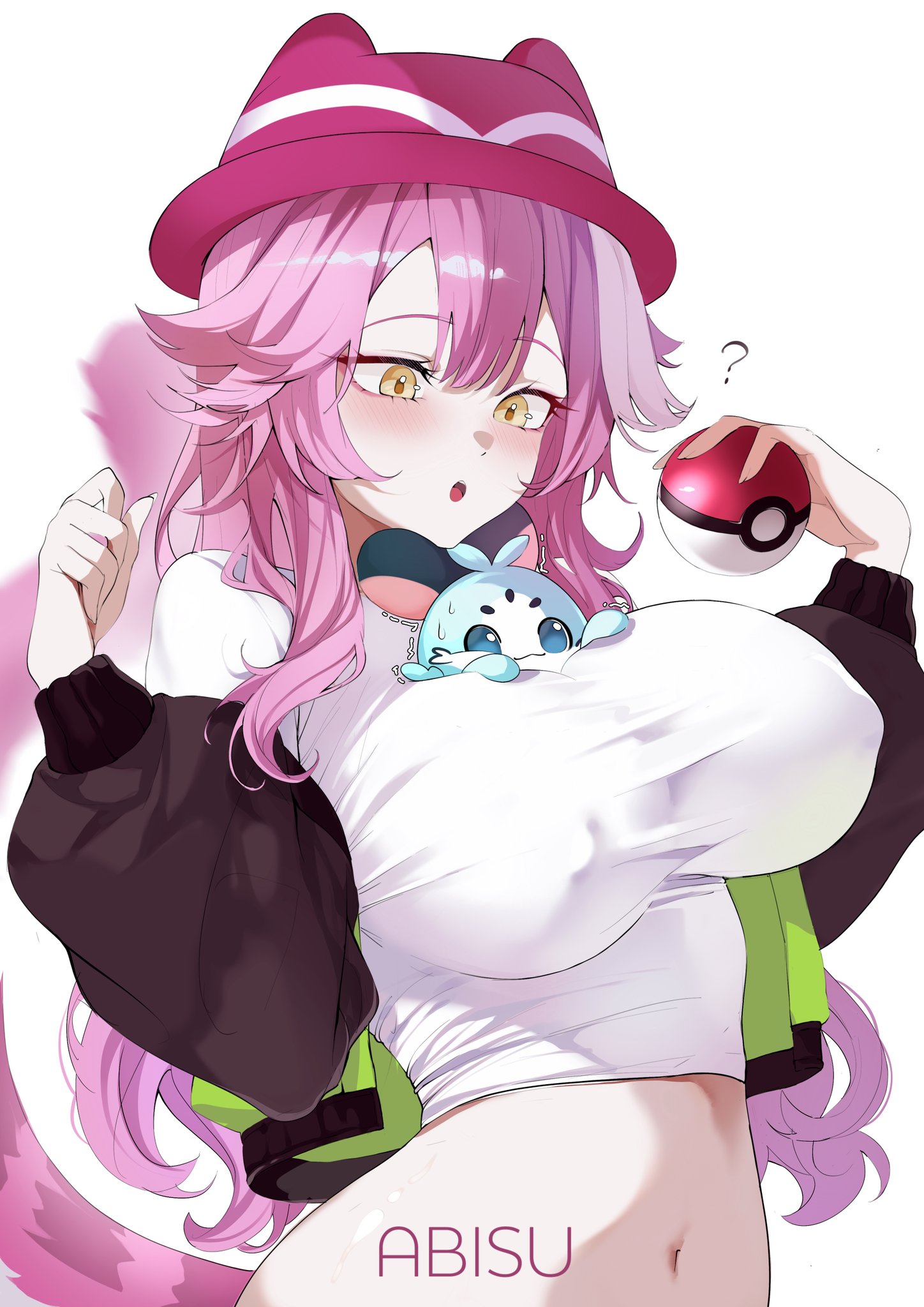 fromabisu, chattino (raora panthera), harmony (pokemon), raora panthera, hololive, hololive english, nintendo, pokemon, pokemon legends: z-a, commentary, highres, revision, 1girl, ?, animal ears, artist name, bare shoulders, between breasts, black jacket, blush, breasts, cosplay, covered erect nipples, eyeshadow, green jacket, harmony (pokemon) (cosplay), hat, holding, holding poke ball, jacket, large breasts, long hair, makeup, midriff, multicolored hair, multicolored jacket, navel, open clothes, open jacket, open mouth, panther ears, panther girl, panther tail, pink eyeshadow, pink hair, pink hat, pink tail, poke ball, poke ball (basic), shirt, simple background, stomach, streaked hair, tail, teeth, two-tone hair, two-tone jacket, upper teeth only, virtual youtuber, white background, white shirt, yellow eyes