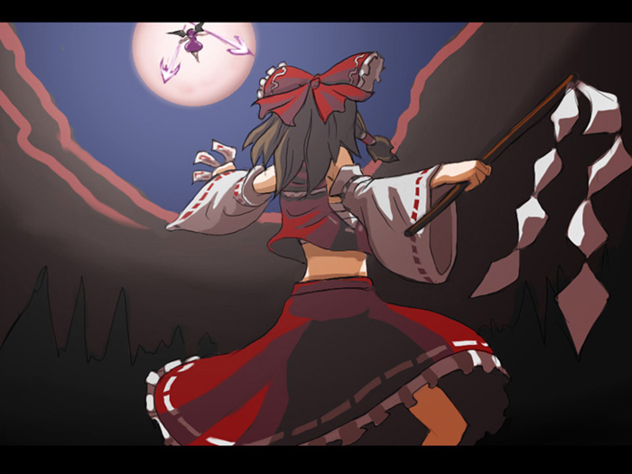jigoku inu, hakurei reimu, remilia scarlet, castlevania (series), touhou, 2girls, back, bow, brown hair, female focus, gohei, hair bow, japanese clothes, letterboxed, midriff, miko, multiple girls, ofuda, outdoors, parody, sarashi, short hair, skirt, sky, solo, wings