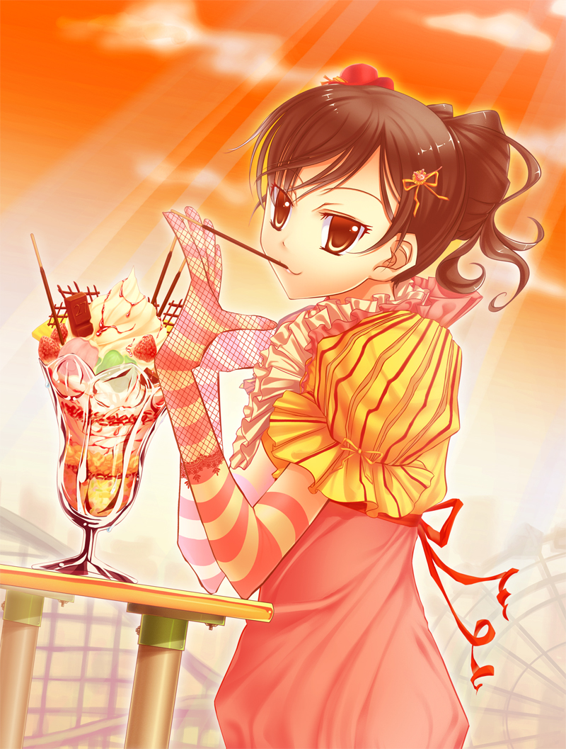 33paradox, miura haru, katekyo hitman reborn!, bad id, bad pixiv id, 00s, elbow gloves, food, gloves, ice cream, parfait, pocky, striped clothes, striped gloves