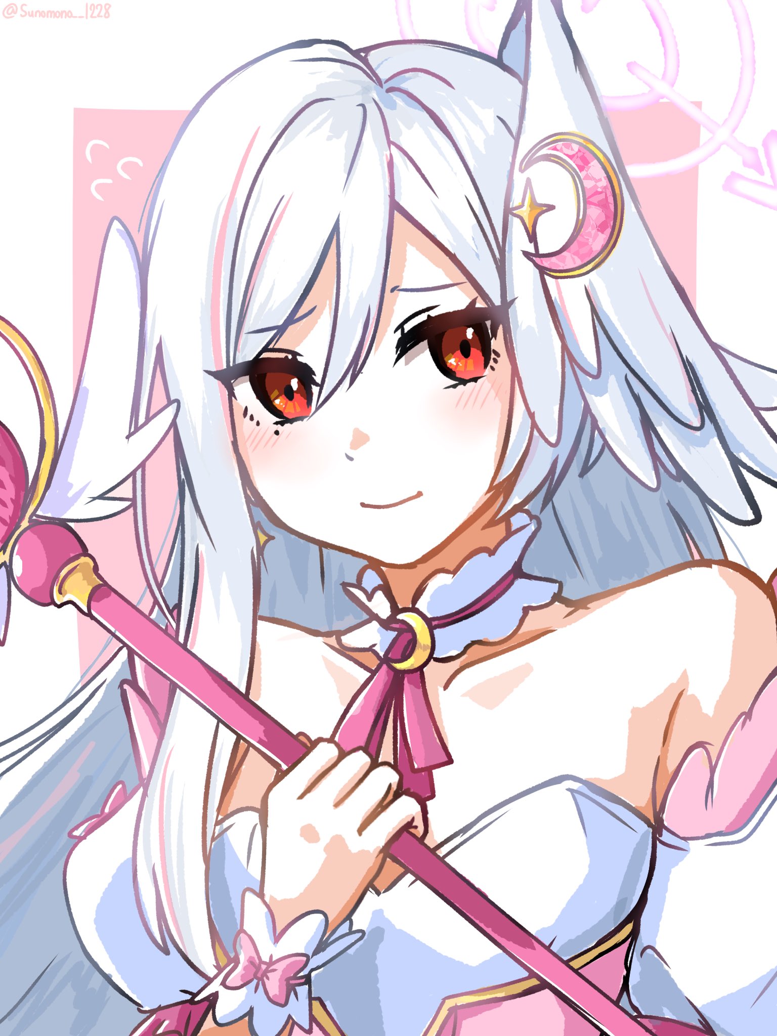 sunomono-1228, suzumi (blue archive), suzumi (magical) (blue archive), blue archive, commentary request, highres, 1girl, averting eyes, bare shoulders, bow, bustier, crescent, crescent hair ornament, detached collar, detached sleeves, hair between eyes, hair ornament, halo, head wings, holding, holding wand, long hair, magical girl, mole, mole under eye, multicolored hair, neck ribbon, nervous, official alternate costume, pink bow, pink hair, pink halo, portrait, red eyes, ribbon, single hair intake, single head wing, solo, streaked hair, wand, white hair, wings