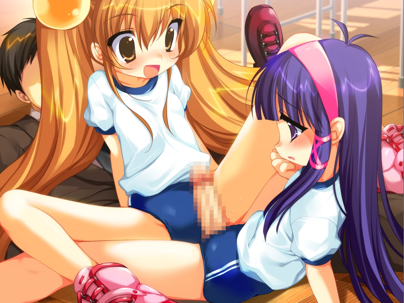 emily (pure dream), fuyumi, haruka (buru x karu), buru x karu, rolling star, 1boy, 2girls, bisexual female, blush, buruma, censored, cooperative grinding, grinding, loli, long hair, multiple girls, penis, purple eyes, teamwork (sexual), thigh sex, thighs, twintails, underwear