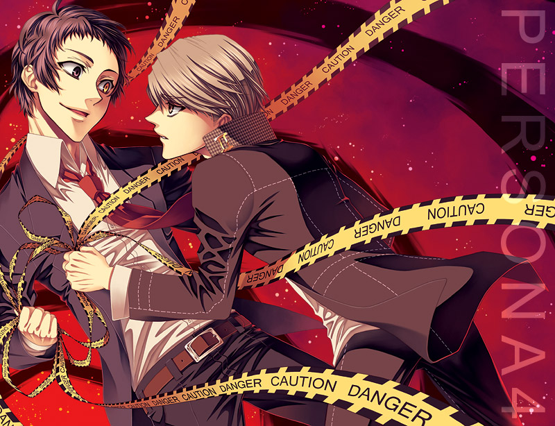 mayupon@genkouchuu, ouno mayumi, adachi tooru, narukami yu, atlus, persona, persona 4, silver hair, bad id, bad pixiv id, spoilers, 2boys, belt, black hair, male focus, multiple boys, necktie, school uniform, short hair, yellow eyes