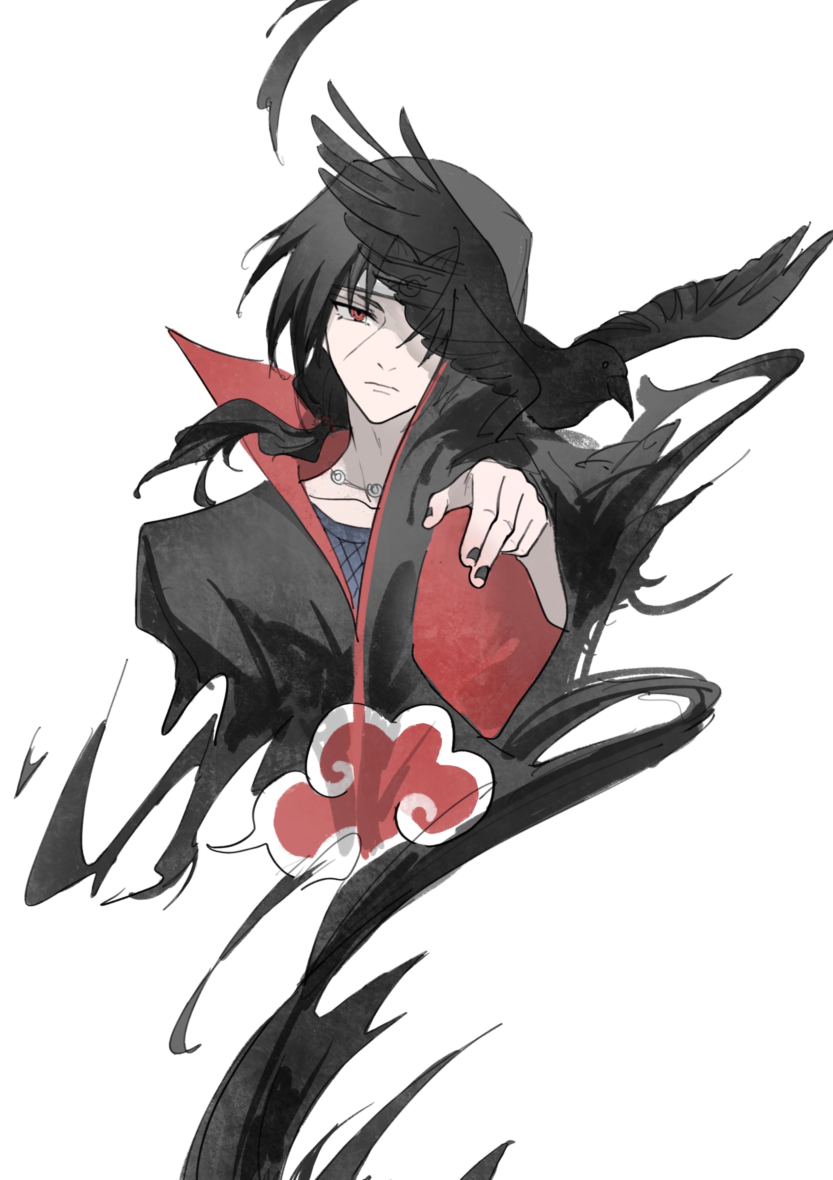 uchiha itachi, naruto (series), absurdres, highres, 1boy, akatsuki uniform, bird, black hair, black nails, closed mouth, crow, facial mark, fishnet top, fishnets, headband, jewelry, long hair, low ponytail, male focus, nail polish, necklace, omegaantiworld, one eye covered, parted bangs, ponytail, red eyes, solo, upper body, white background
