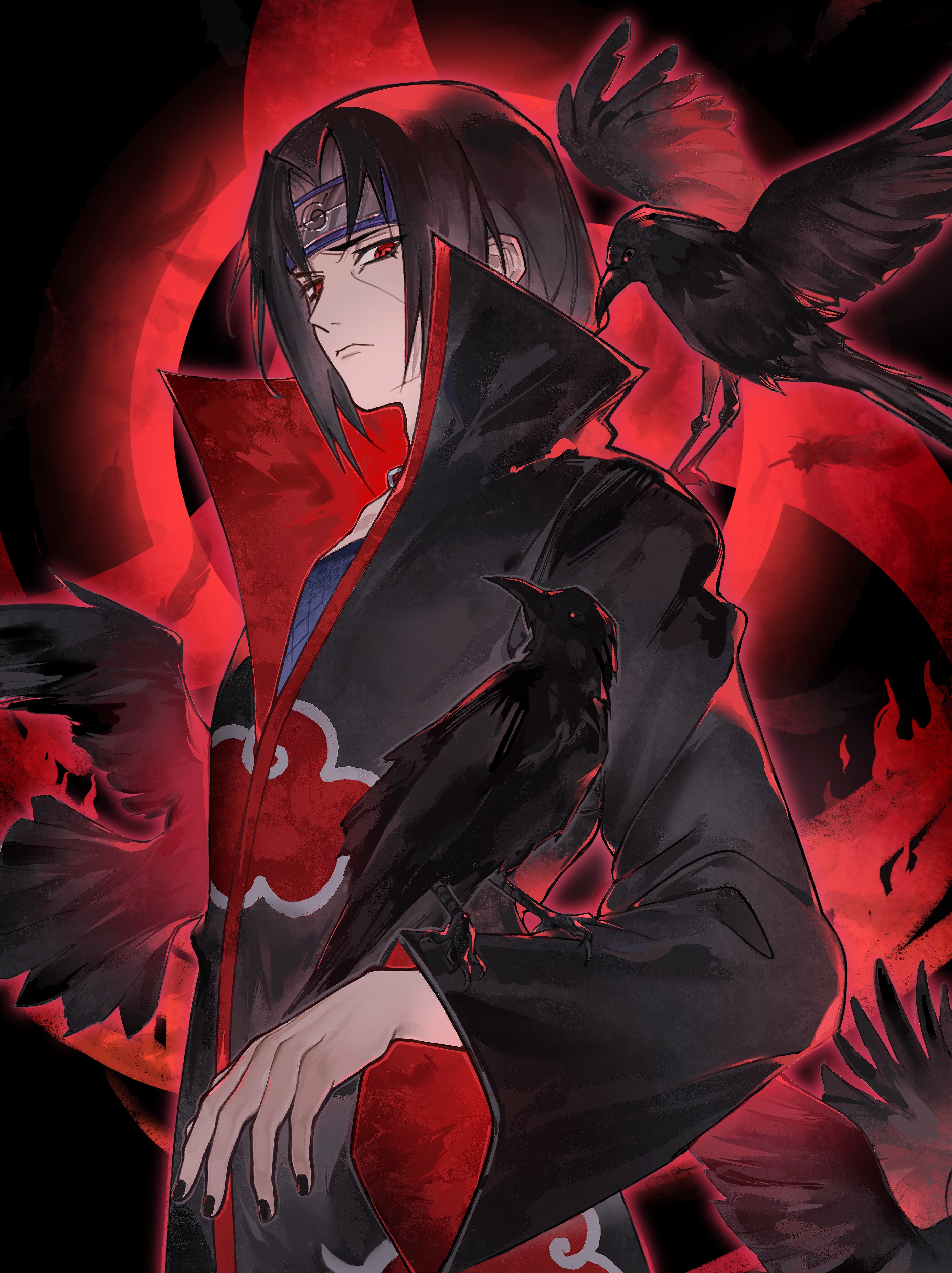 uchiha itachi, naruto (series), absurdres, highres, 1boy, akatsuki uniform, animal, animal on arm, animal on shoulder, bird, bird on arm, bird on shoulder, black hair, black jacket, black nails, crow, facial mark, fishnet top, fishnets, headband, jacket, jewelry, light frown, looking at viewer, male focus, nail polish, necklace, omegaantiworld, parted bangs, popped collar, red eyes, sharingan, solo, upper body