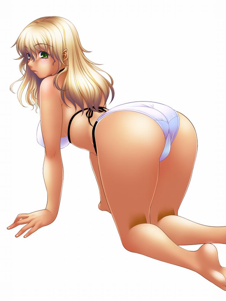asakura sakura, original, 1girl, all fours, ass, barefoot, bikini, blonde hair, female focus, green eyes, legs, long hair, looking back, solo, swimsuit, white bikini