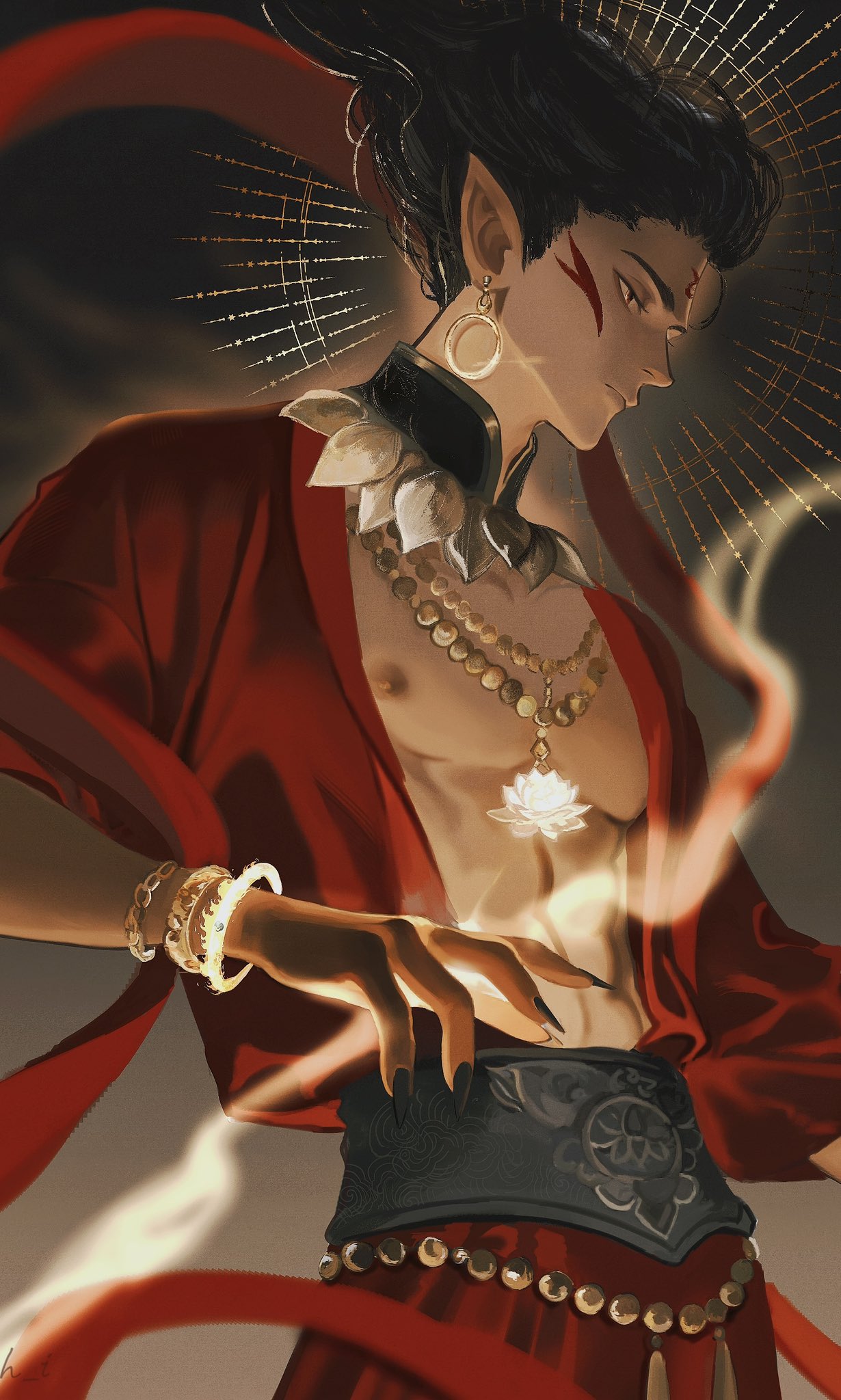 nezha (nezha zhi motong jiangshi), nezha zhi motong jiangshi, chinese commentary, commentary request, highres, 1boy, abs, black hair, black nails, closed mouth, earrings, jewelry, long hair, male focus, necklace, nipples, pectorals, pointy ears, puresh i, short hair, solo