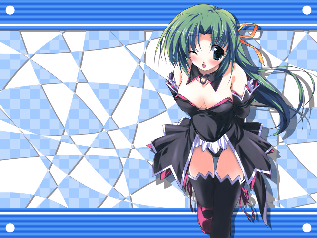 kiba satoshi, sonozaki shion, higurashi no naku koro ni, non-web source, 00s, 1girl, angel mort, blue eyes, detached collar, female focus, green hair, half updo, leaning forward, long hair, one eye closed, ponytail, solo, thighhighs, waitress, wink