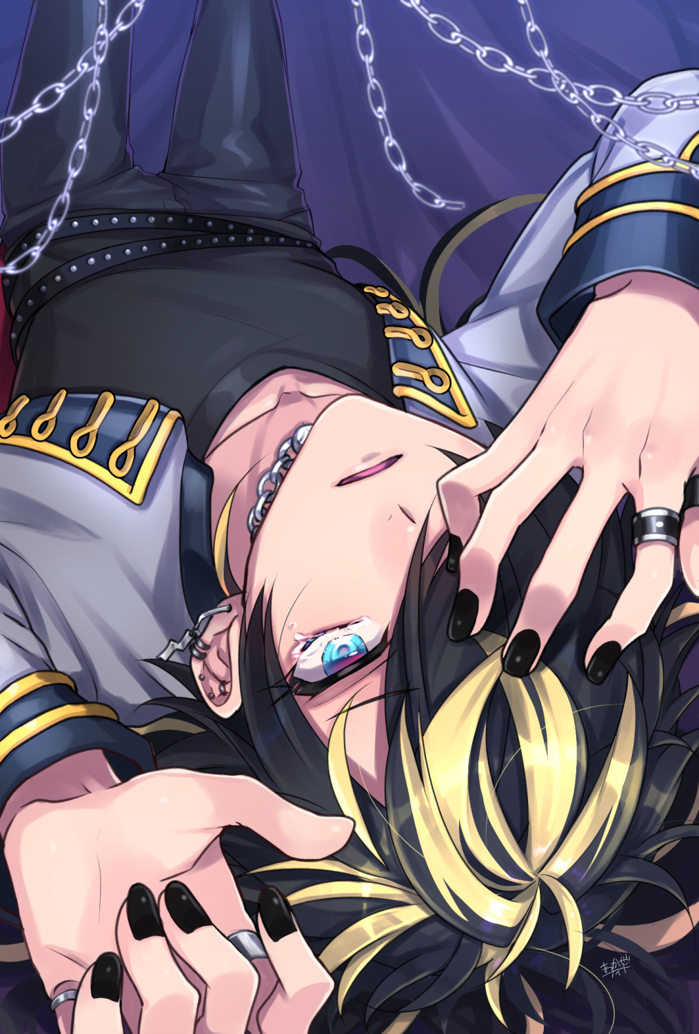 kishinaito, aimono jyushi, hypnosis mic, highres, 1boy, belt, black nails, black pants, black shirt, blonde streaks, blue eyes, chain, chain necklace, collarbone, cowboy shot, grey jacket, hair over one eye, jacket, jewelry, looking at viewer, lying, male focus, multicolored hair, multiple belts, necklace, on back, pants, parted lips, ring, shirt, solo, studded belt, tearing up, two-tone hair, yellow trim