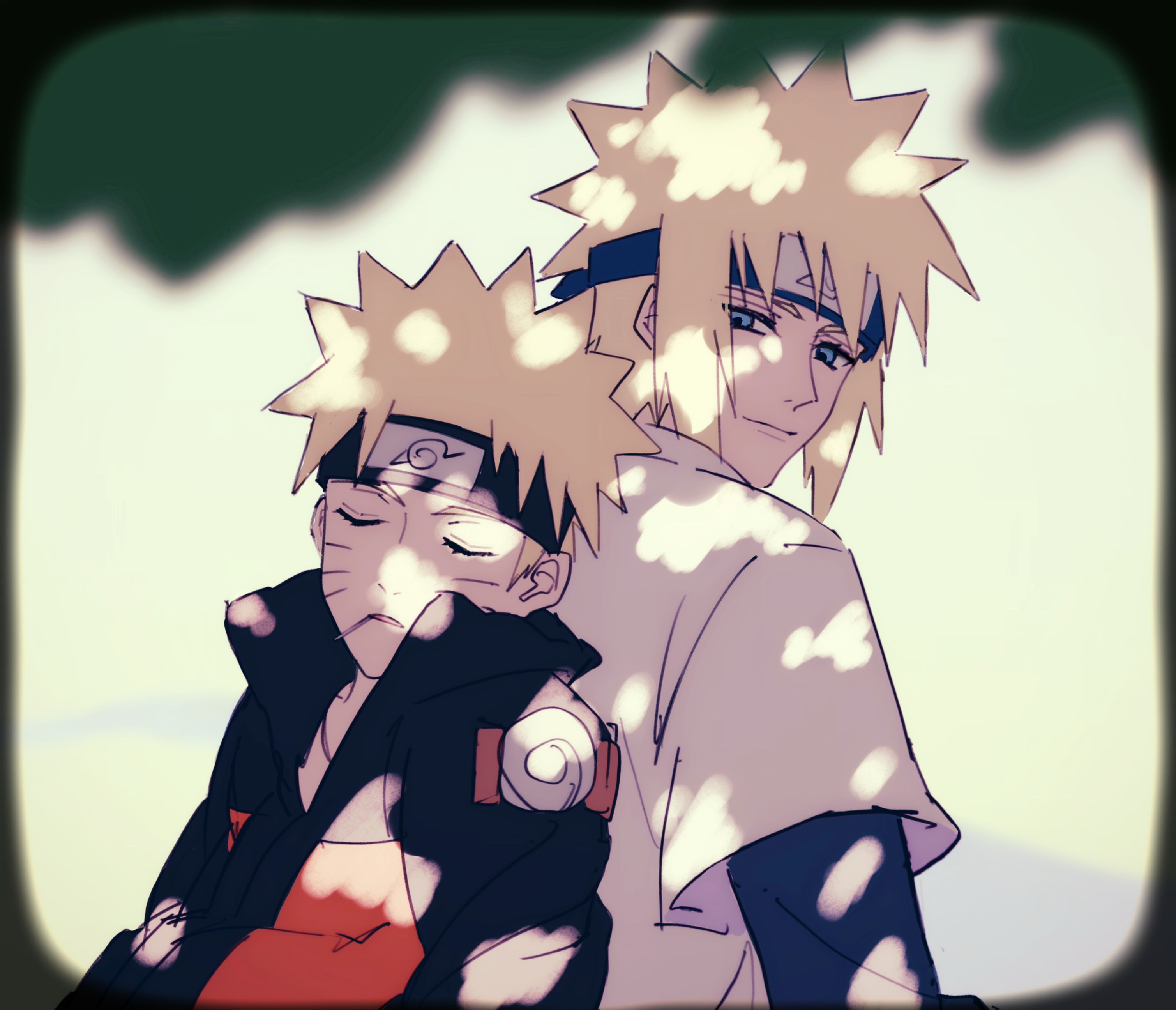 namikaze minato, uzumaki naruto, naruto (series), absurdres, highres, 2boys, back-to-back, black headband, black jacket, blonde hair, blue eyes, blue headband, blue shirt, blurry, blurry foreground, closed eyes, facial mark, father and son, headband, jacket, looking at another, male focus, multicolored jacket, multiple boys, omegaantiworld, orange jacket, shirt, shirt under shirt, short hair, spiked hair, two-tone jacket, upper body, whisker markings, white shirt