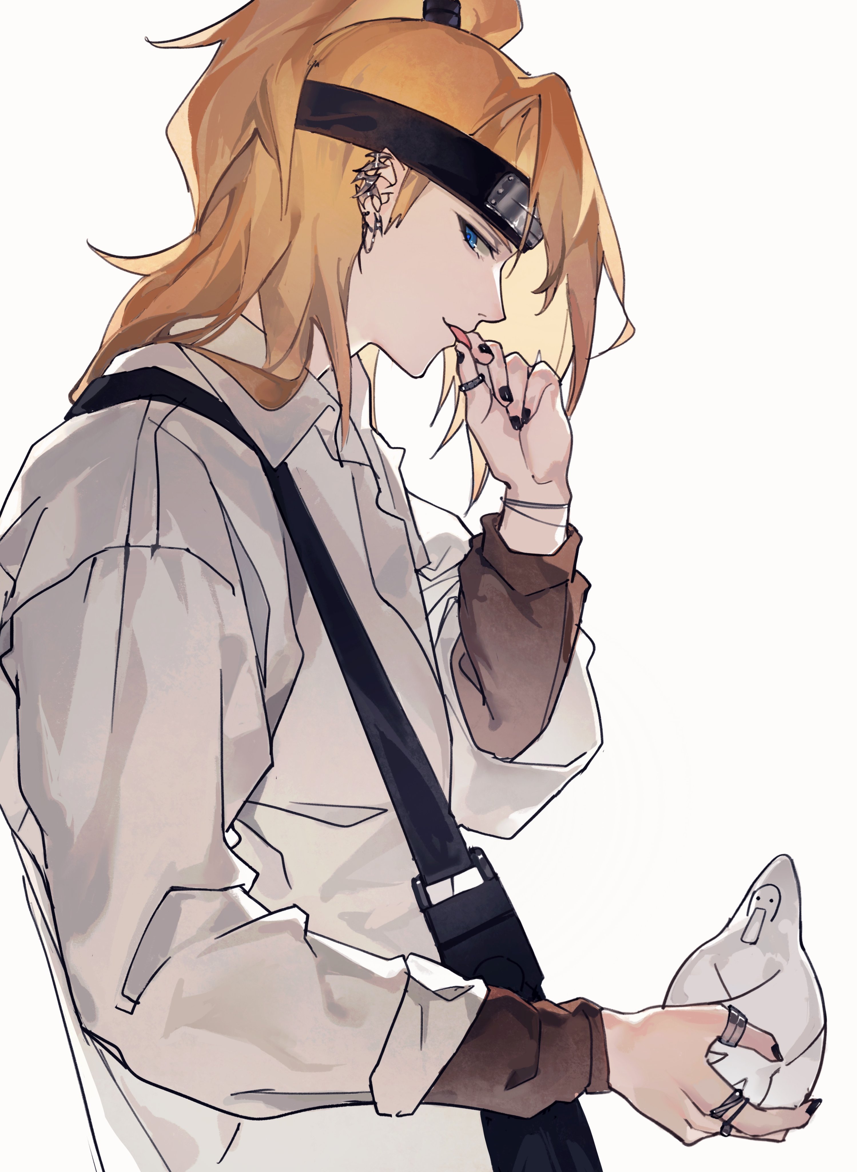deidara (naruto), naruto (series), naruto shippuuden, absurdres, highres, 1boy, black headband, black nails, blonde hair, blue eyes, brown shirt, collared shirt, earrings, hair over one eye, headband, jewelry, long hair, looking at viewer, male focus, multiple earrings, multiple rings, nail polish, omegaantiworld, ponytail, profile, ring, rolling eyes, shirt, shirt under shirt, solo, suspenders, thumb ring, tongue, tongue out, white background, white shirt