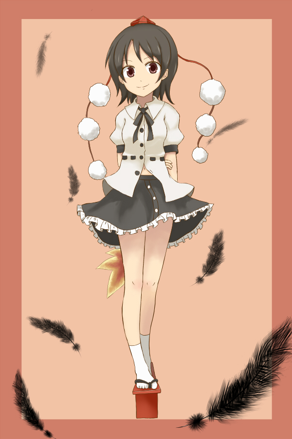 goro, shameimaru aya, touhou, bad id, bad pixiv id, 1girl, black hair, feathers, female focus, geta, hand fan, hat, looking at viewer, skirt, smile, solo, tengu-geta, tokin hat