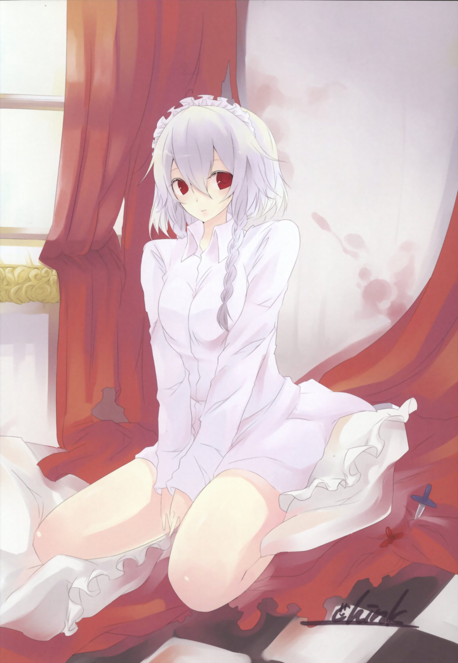k (li), izayoi sakuya, touhou, silver hair, highres, 1girl, braid, breasts, female focus, hairband, indoors, knife, red eyes, short hair, sitting, solo, throwing knife, weapon