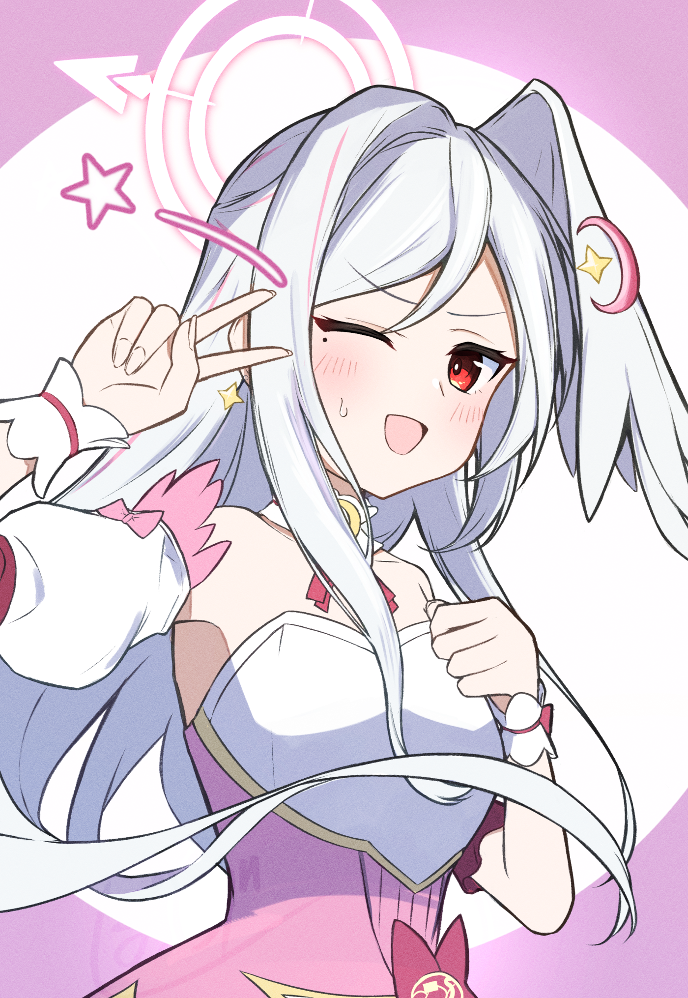 bougashi, suzumi (blue archive), suzumi (magical) (blue archive), blue archive, commentary request, highres, 1girl, :d, blush, bustier, crescent, crescent hair ornament, detached sleeves, dress, furrowed brow, hair between eyes, hair ornament, halo, head wings, long hair, looking at viewer, magical girl, mole, mole under eye, official alternate costume, one eye closed, open mouth, parted bangs, pink dress, red eyes, single hair intake, single head wing, smile, solo, star (symbol), sweatdrop, underbust, upper body, very long hair, white hair, white halo, wings