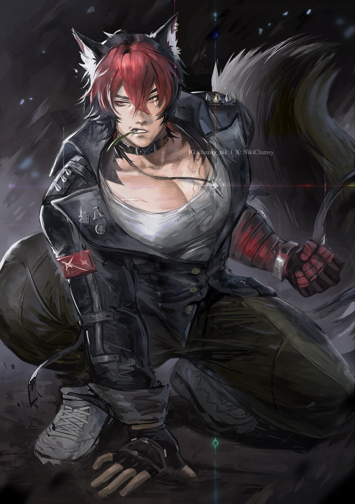 komano manato, zenless zone zero, commentary, english commentary, highres, 1boy, animal ear fluff, animal ears, black choker, black hair, black jacket, choker, covered pectorals, dog boy, fingerless gloves, full body, gloves, green pants, instagram username, jacket, jewelry, male focus, mouth hold, multicolored hair, necklace, nikiclumsy, pants, partially open jacket, pectoral cleavage, pectorals, red eyes, red hair, scar, scar on face, shoes, short hair, solo, spiked jacket, teeth hold, twitter username, two-tone hair, white shoes