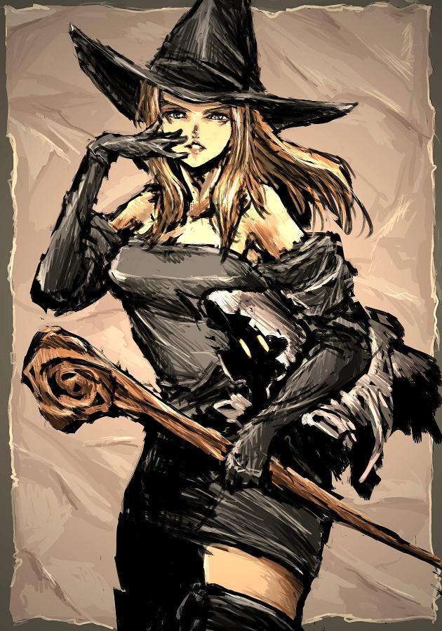 moto murabito, witch (tactics ogre), artdink, tactics ogre, traditional media, bag, blonde hair, elbow gloves, gloves, grey eyes, hat, solo, staff, thighhighs, witch hat