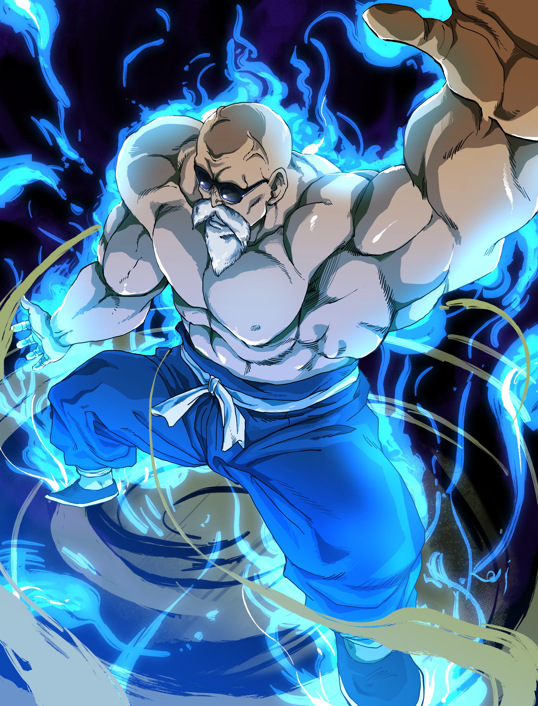 kouji08250, muten roushi, dragon ball, dragon ball (classic), absurdres, highres, 1boy, aura, bald, beard, clenched teeth, dust, facial hair, from above, kamehameha (dragon ball), muscular, muscular male, old, old man, pectorals, sash, solo, sunglasses, teeth, topless male, veins