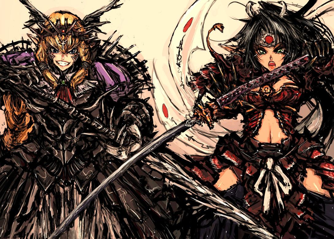 moto murabito, traditional media, armor, black hair, blonde hair, green eyes, grey eyes, headband, polearm, ribbon, spear, tiara, weapon