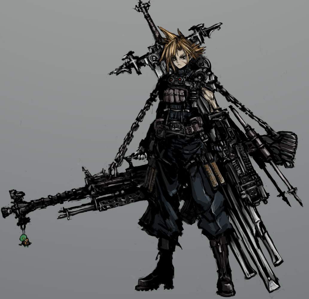 moto murabito, cloud strife, tonberry, final fantasy, final fantasy vii, jpeg artifacts, traditional media, 1990s (style), 1boy, alternate weapon, asymmetrical dual wielding, boots, dual wielding, gun, holding, huge weapon, male focus, retro artstyle, scar, simple background, solo, sword, weapon