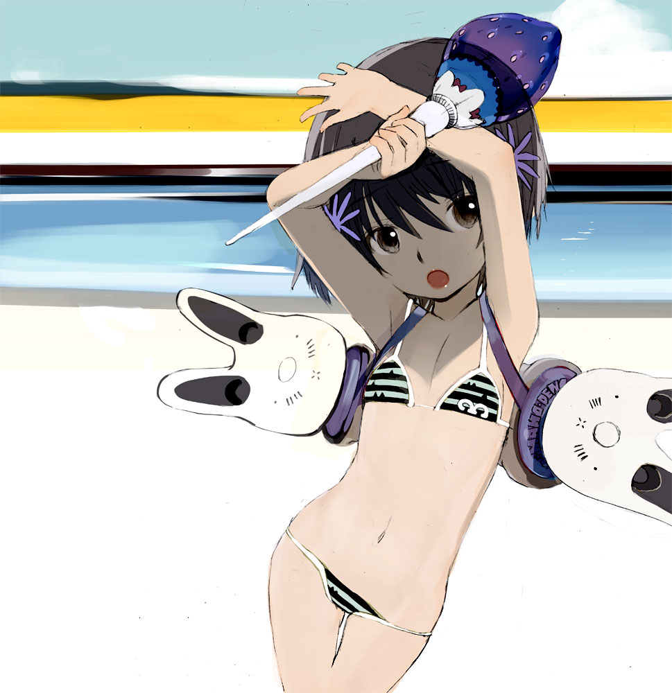 okama, original, 1girl, armpits, bikini, female focus, flat chest, navel, scepter, solo, swimsuit