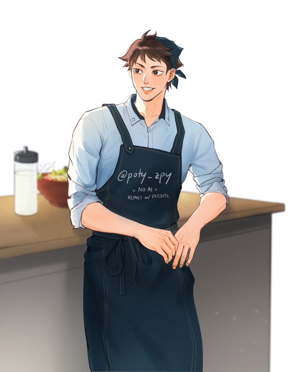 oikawa tooru (haikyuu!!), haikyuu!!, commentary request, highres, 1boy, brown eyes, brown hair, closed mouth, collared shirt, denim apron, male focus, poty zpy, shirt, short hair, simple background, sleeves pushed up, smile, solo, teeth, thai commentary, twitter username, white background