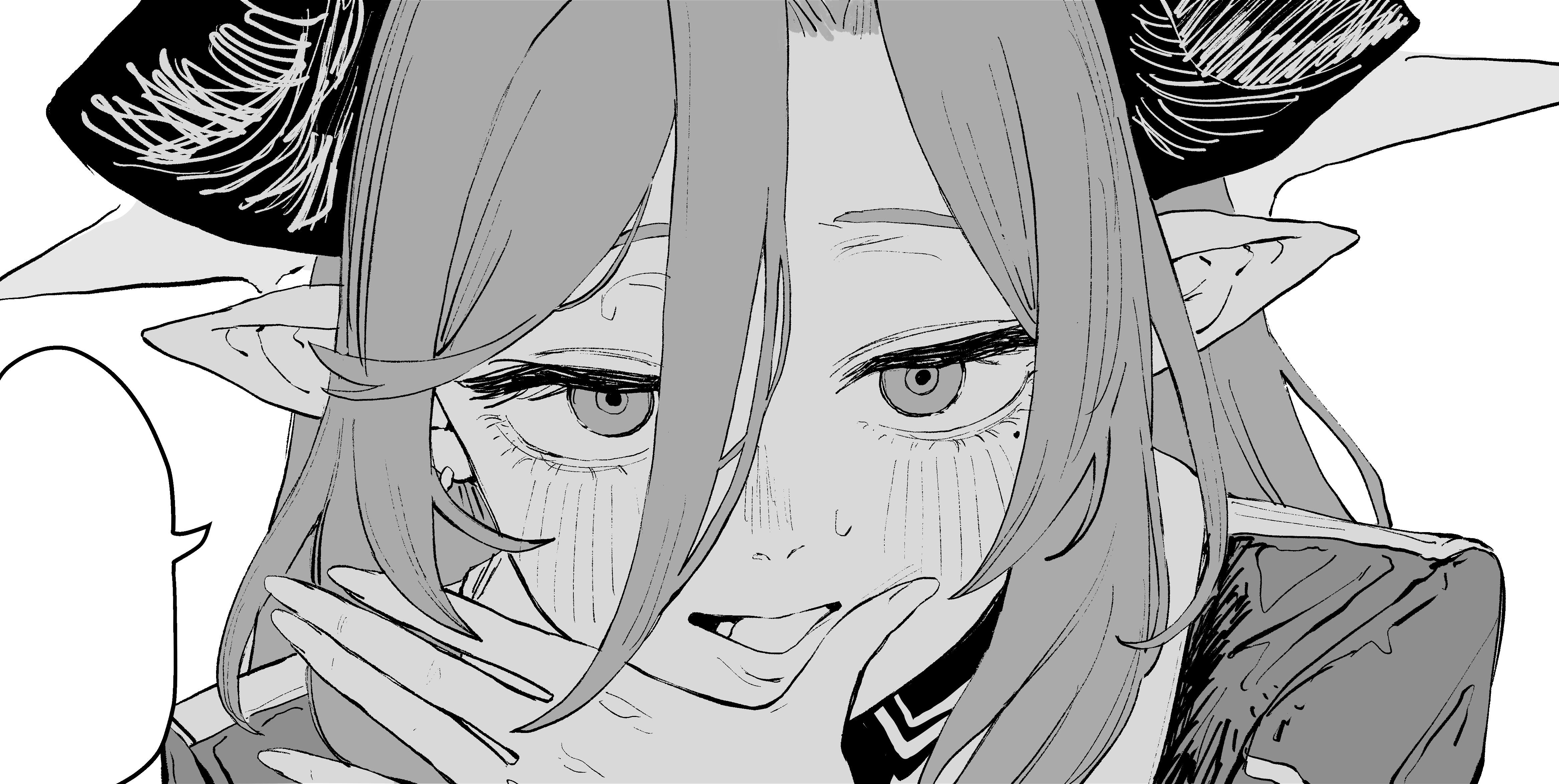 hanakonenne, juri (blue archive), blue archive, absurdres, commentary request, highres, 1girl, blush, greyscale, hair between eyes, hand up, horns, long hair, looking at viewer, monochrome, open mouth, pointy ears, portrait, sidelocks, simple background, solo, speech bubble, white background