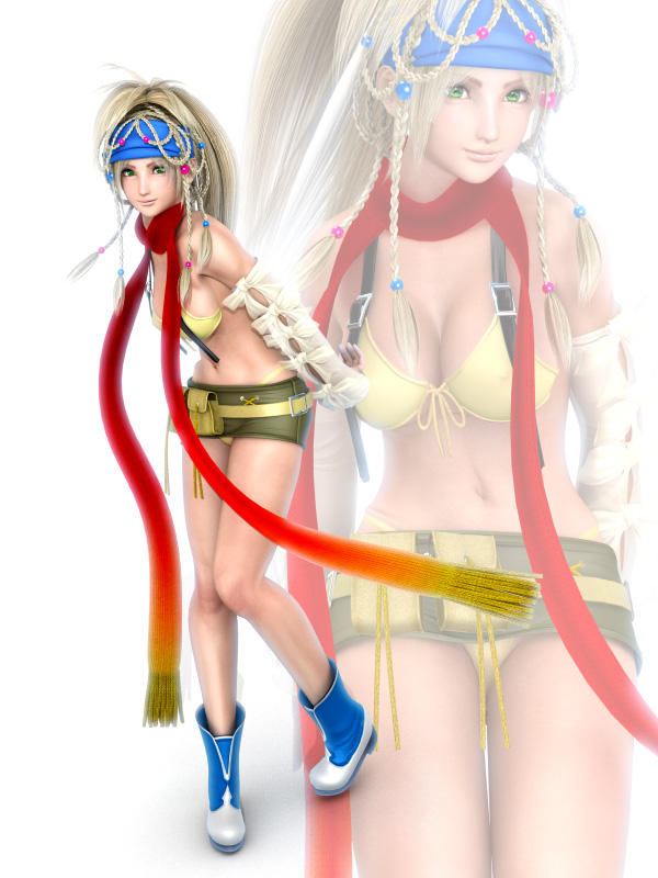 incise soul, m-rs, rikku (ff10), final fantasy, final fantasy x, final fantasy x-2, 00s, 1girl, 3d, blonde hair, breasts, brown eyes, brown hair, female focus, full body, green eyes, scarf, solo, standing, zoom layer