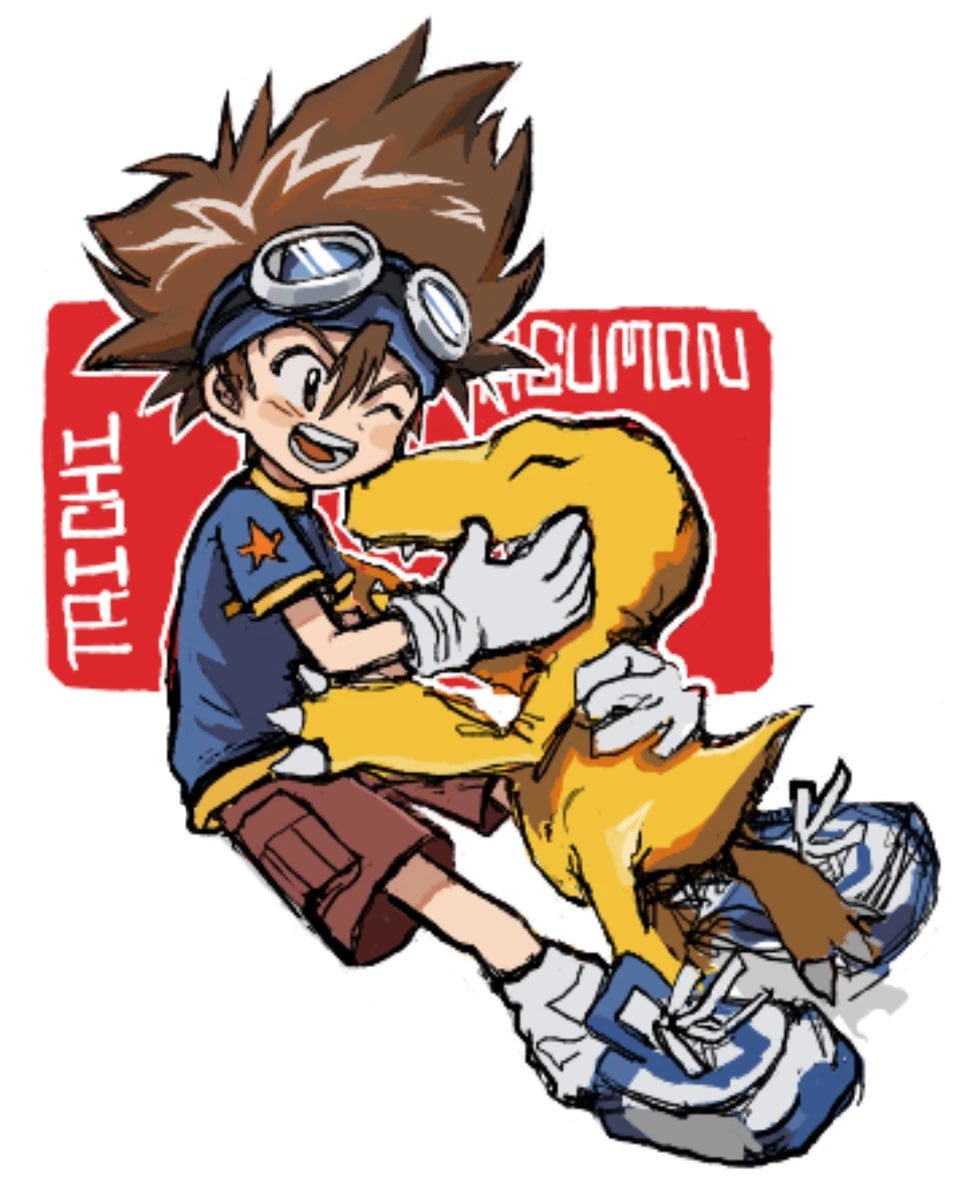 m0gaku, agumon, yagami taichi, digimon, digimon adventure, highres, 1boy, blue headband, blue shirt, brown hair, brown shorts, character name, digimon (creature), full body, headband, male focus, one eye closed, open mouth, shirt, shorts, simple background, smile, white background
