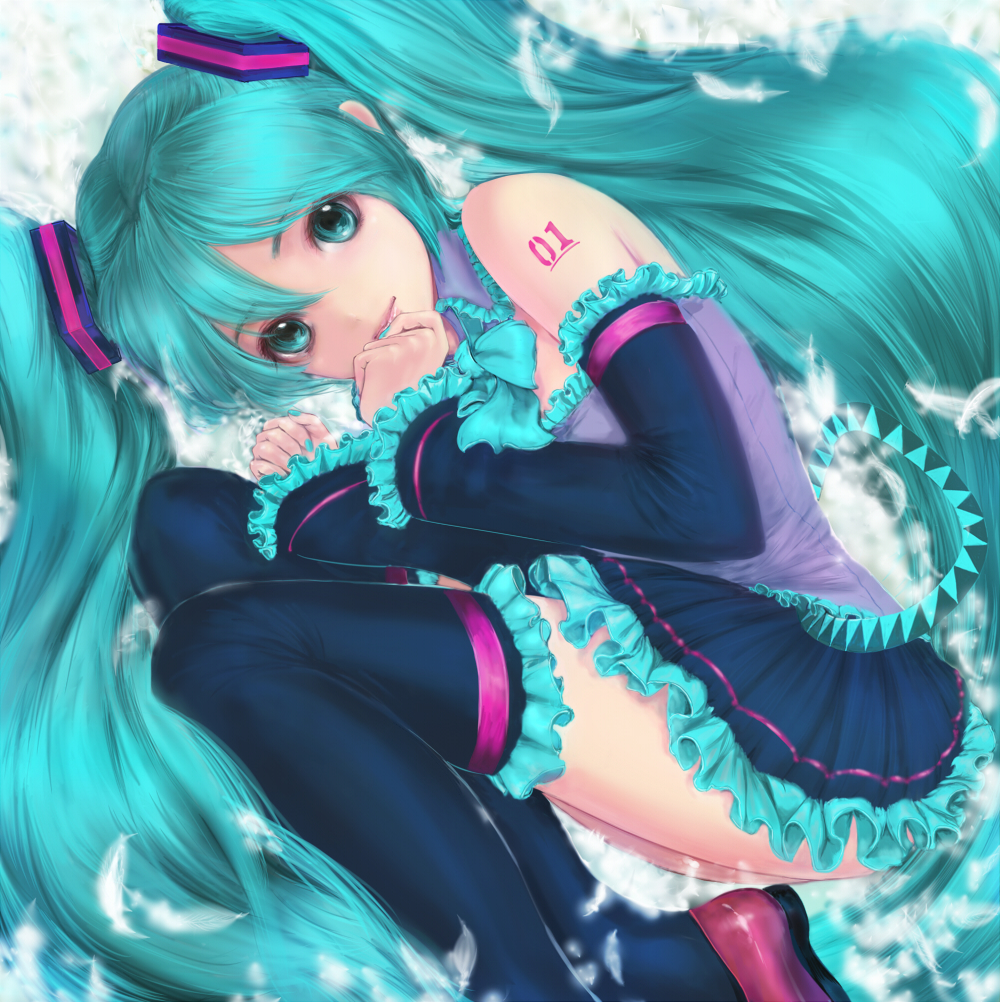 mamoru, mamoru (mamoru jinja), hatsune miku, vocaloid, 1girl, aqua eyes, aqua hair, detached sleeves, female focus, long hair, skirt, solo, thighhighs, twintails, very long hair