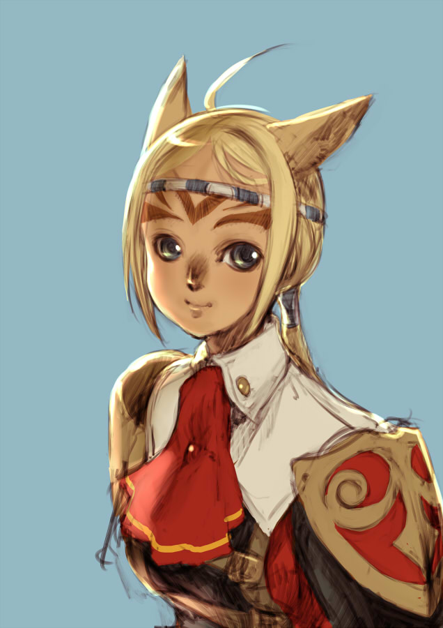 branch (blackrabbits), mithra (ff11), red mage (final fantasy), final fantasy, final fantasy xi, bad id, bad pixiv id, 00s, 1girl, animal ears, armor, blonde hair, female focus, formal clothes, grey eyes, ponytail, simple background, solo
