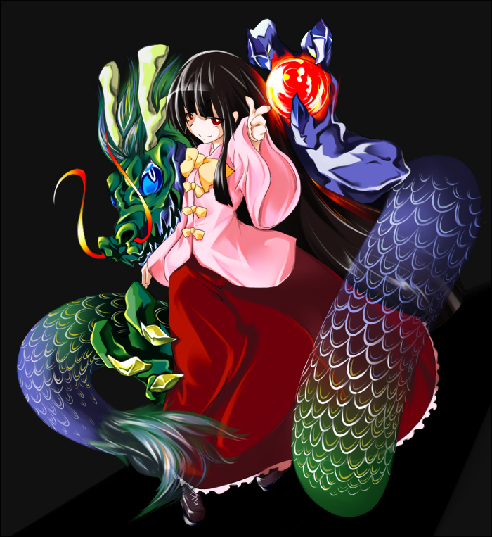 amagi xx, amaki someichi, houraisan kaguya, touhou, 1girl, black hair, dragon, eastern dragon, female focus, hime cut, solo