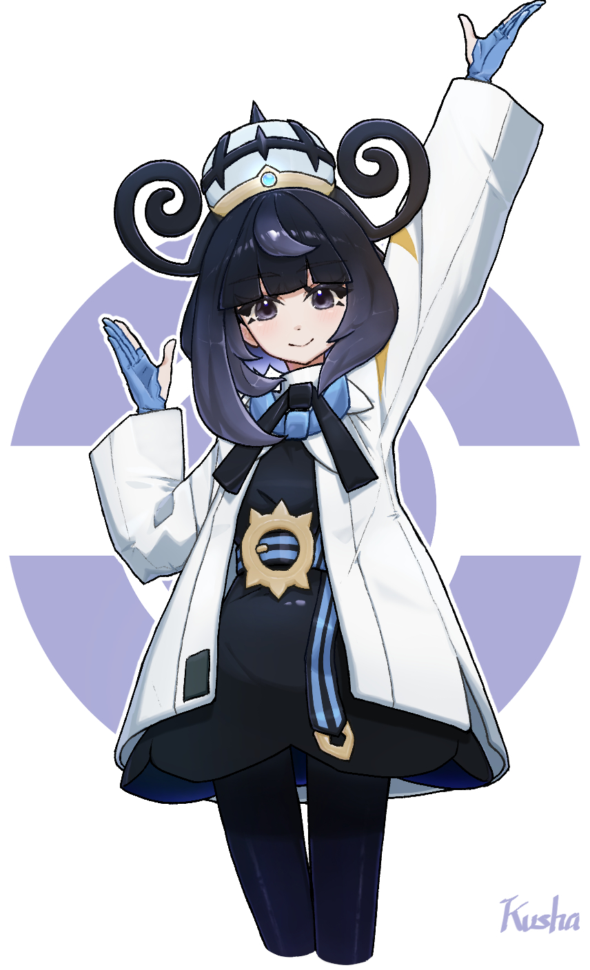 kushaaaa4, gwynn (pokemon), nintendo, pokemon, pokemon legends: z-a, highres, 1girl, belt, black hair, blue gloves, blunt bangs, closed mouth, coat, gloves, gradient hair, multicolored hair, o-ring, o-ring belt, open clothes, partially fingerless gloves, purple eyes, purple hair, ribbon, short hair, smile, white coat
