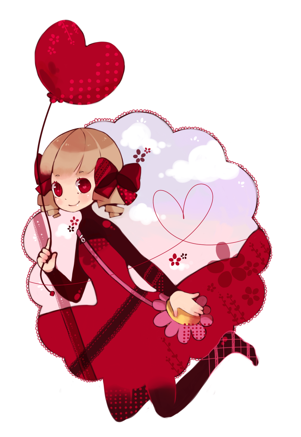 rinju umisu, sumisu (rinsumi), bad id, bad pixiv id, highres, 1girl, balloon, brown hair, drill hair, female focus, hair ribbon, heart, heart balloon, pantyhose, red eyes, ribbon, solo, twin drills, twintails