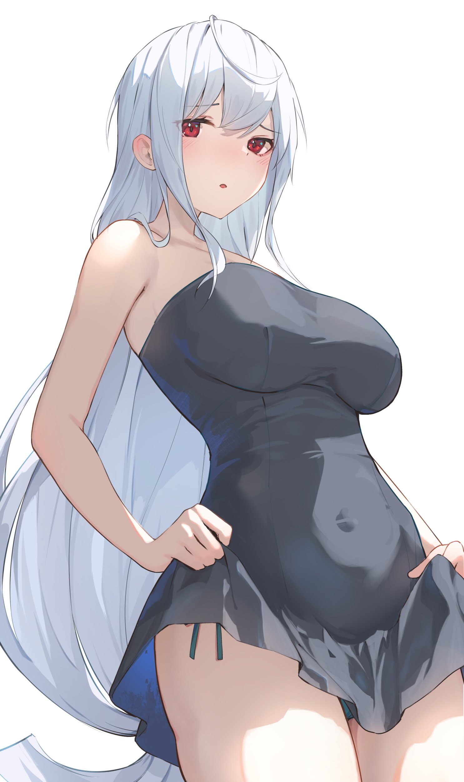 18 yen coin, skadi (arknights), arknights, absurdres, highres, 1girl, bare arms, bare shoulders, black dress, breasts, clothes lift, dress, dress lift, long hair, looking at viewer, low-tied long hair, panties, red eyes, side-tie panties, simple background, solo, standing, strapless, strapless dress, underwear, white background, white hair