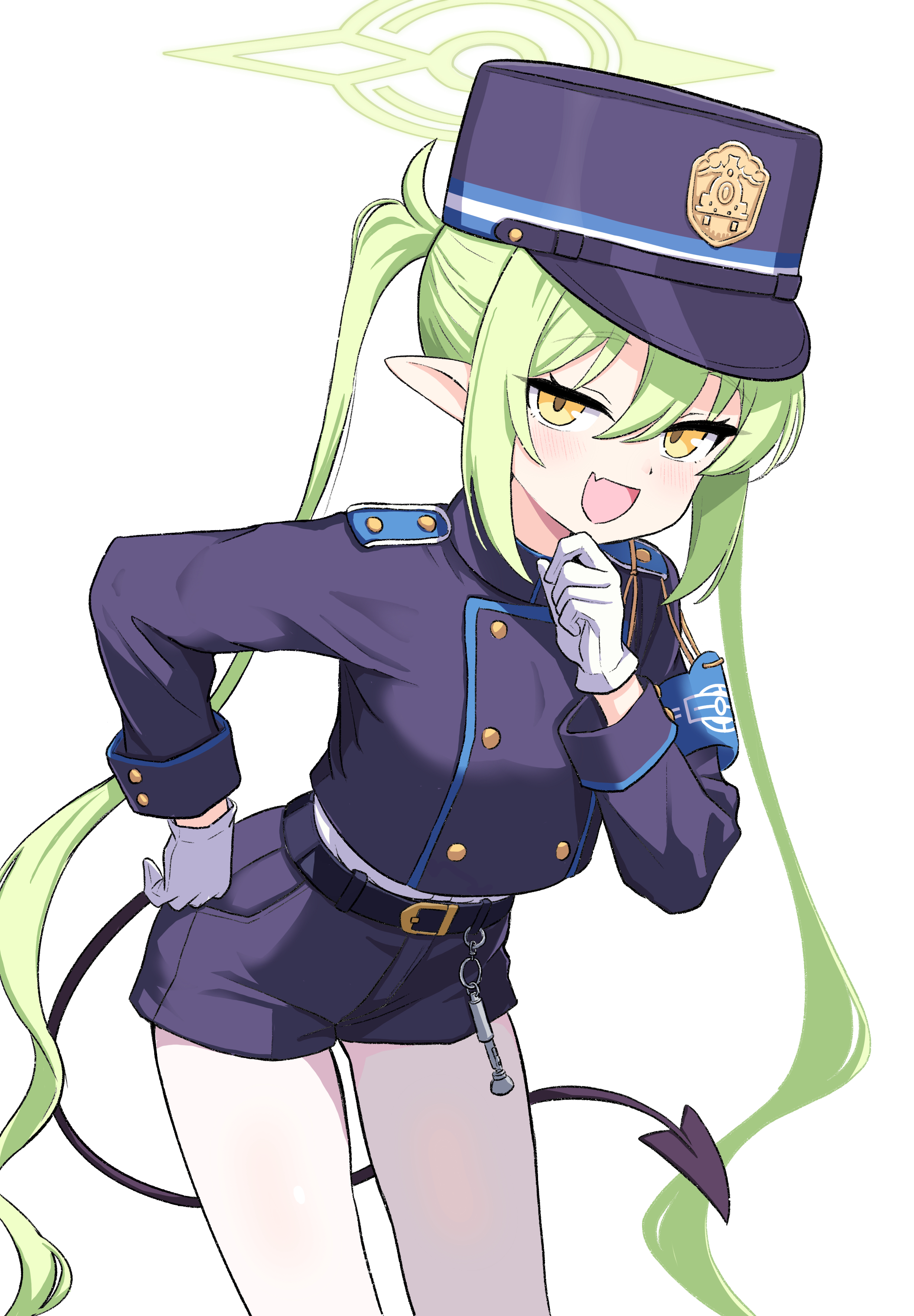 nozomi (blue archive), blue archive, absurdres, commentary, highres, 1girl, :d, armband, belt, black belt, black hat, black jacket, black shorts, blue armband, blush, buttons, cowboy shot, demon girl, demon tail, double-breasted, fang, gloves, green hair, green halo, hair between eyes, halo, hand on own chin, hand on own hip, hand up, hat, intron, jacket, leaning forward, long hair, long sleeves, looking at viewer, open mouth, pantyhose, peaked cap, pointy ears, shorts, sidelocks, simple background, skin fang, smile, smug, solo, tail, tsurime, twintails, very long hair, white background, white gloves, white pantyhose, yellow eyes