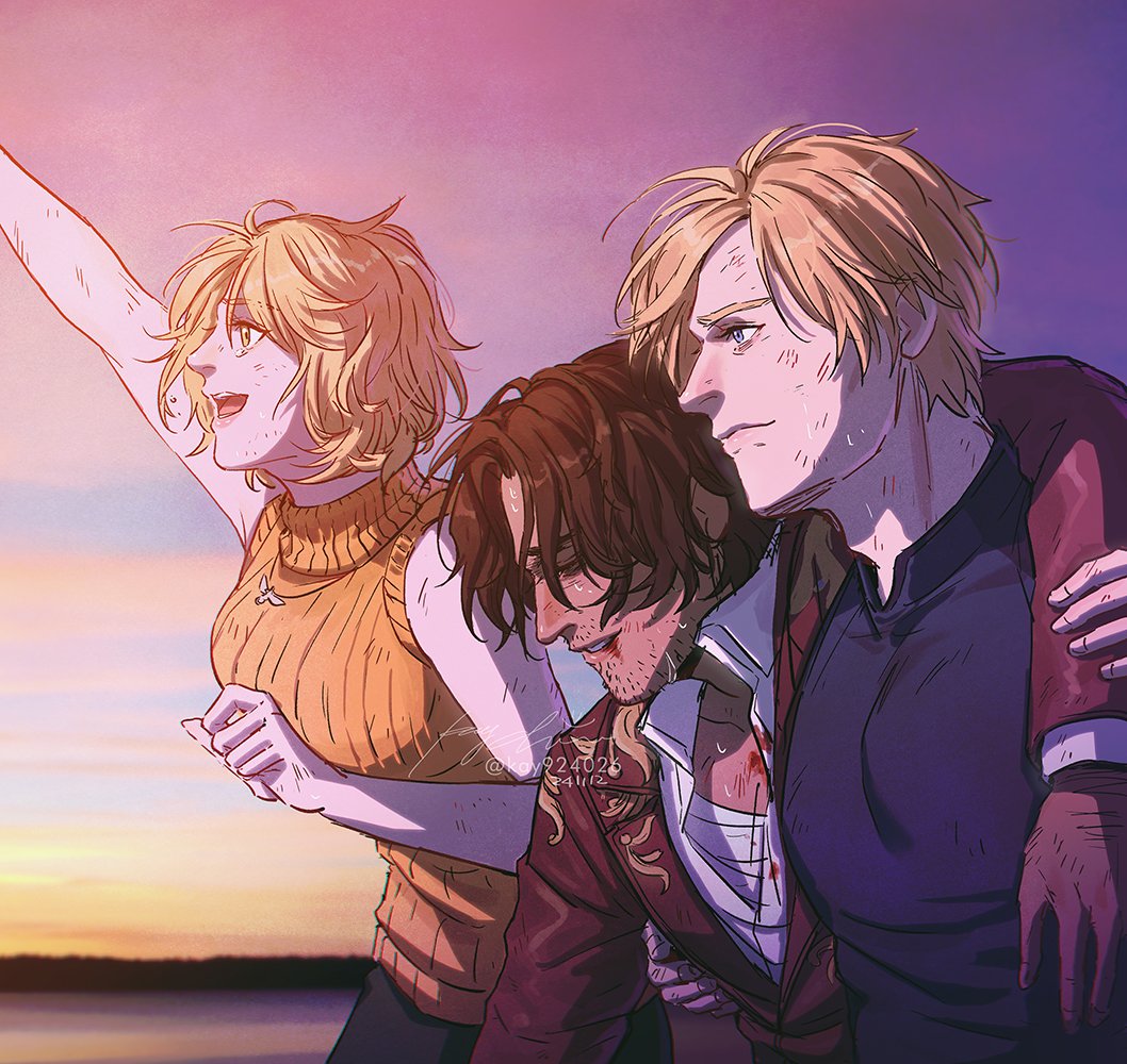 kay924026, ashley graham, leon s. kennedy, luis sera, resident evil, resident evil 4, 1girl, 2boys, arm around shoulder, bare arms, bare shoulders, blonde hair, blood, blood from mouth, blood on clothes, blue shirt, breasts, brown hair, brown jacket, closed eyes, closed mouth, collared shirt, dated, dirty, dirty face, jacket, jewelry, medium breasts, multiple boys, necklace, open mouth, orange sweater, parted bangs, shirt, short hair, signature, sleeveless, sleeveless turtleneck, sweat, sweater, turtleneck, twitter username, upper body, waving, white shirt