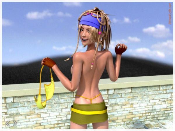 rikku (ff10), final fantasy, final fantasy x, final fantasy x-2, 00s, 1girl, bikini, breasts, female focus, panties, rikku cg set, solo, standing, swimsuit, thong, topless female, underwear