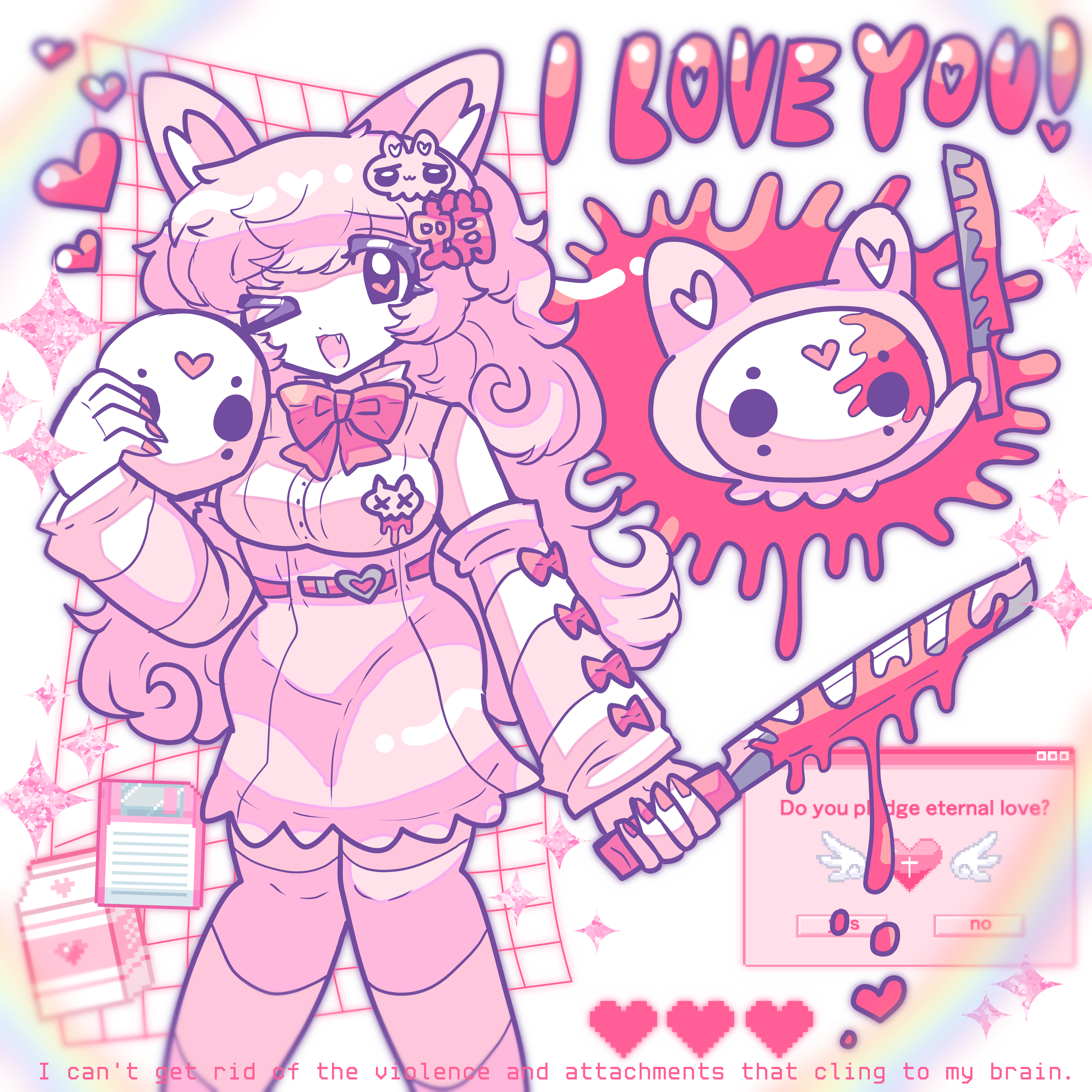murasakigezi, original, absurdres, highres, 1girl, ;d, animal ears, blood, bloody weapon, bow, bowtie, breasts, detached sleeves, english text, fang, floppy disk, heart, hockey mask, holding, holding machete, holding mask, long hair, looking at viewer, machete, mask, one eye closed, open mouth, over-kneehighs, pink hair, pink skirt, rainbow, red bow, red bowtie, red nails, skirt, smile, socks, standing, striped clothes, striped sleeves, striped socks, thighhighs, weapon, yami kawaii