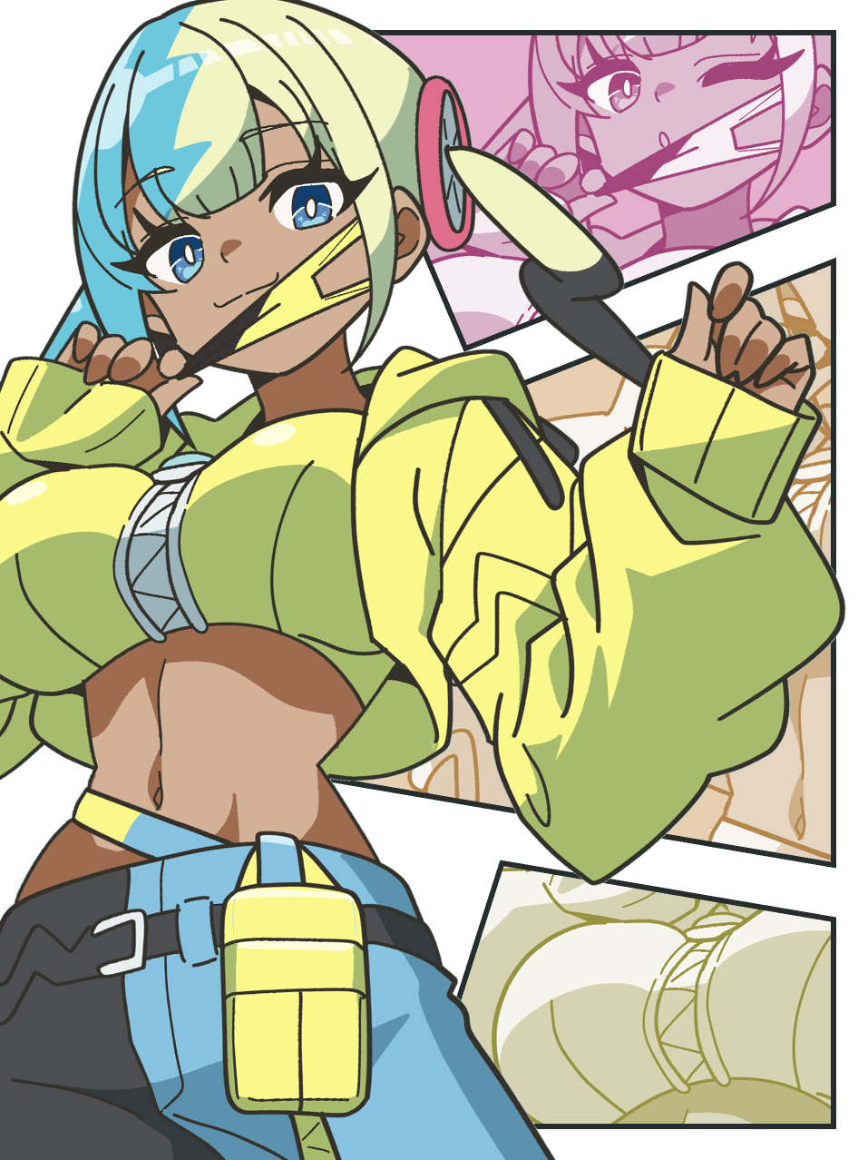 kanbei (pixiv11037490), canari (pokemon), nintendo, pokemon, pokemon legends: z-a, highres, 1girl, aqua hair, bandeau, black mask, black pants, blonde hair, blue eyes, blue pants, breasts, criss-cross halter, crop top, cropped jacket, curly sidelocks, dark-skinned female, dark skin, fake hair bun, halterneck, jacket, large breasts, light smile, mask, mask pull, mega ring, mega stone, midriff, mouth mask, multicolored hair, navel, open mouth, pants, short twintails, simple background, smile, split-color hair, stomach, twintails, two-tone hair, two-tone mask, two-tone pants, white background, yellow bandeau, yellow jacket, yellow mask, zipper